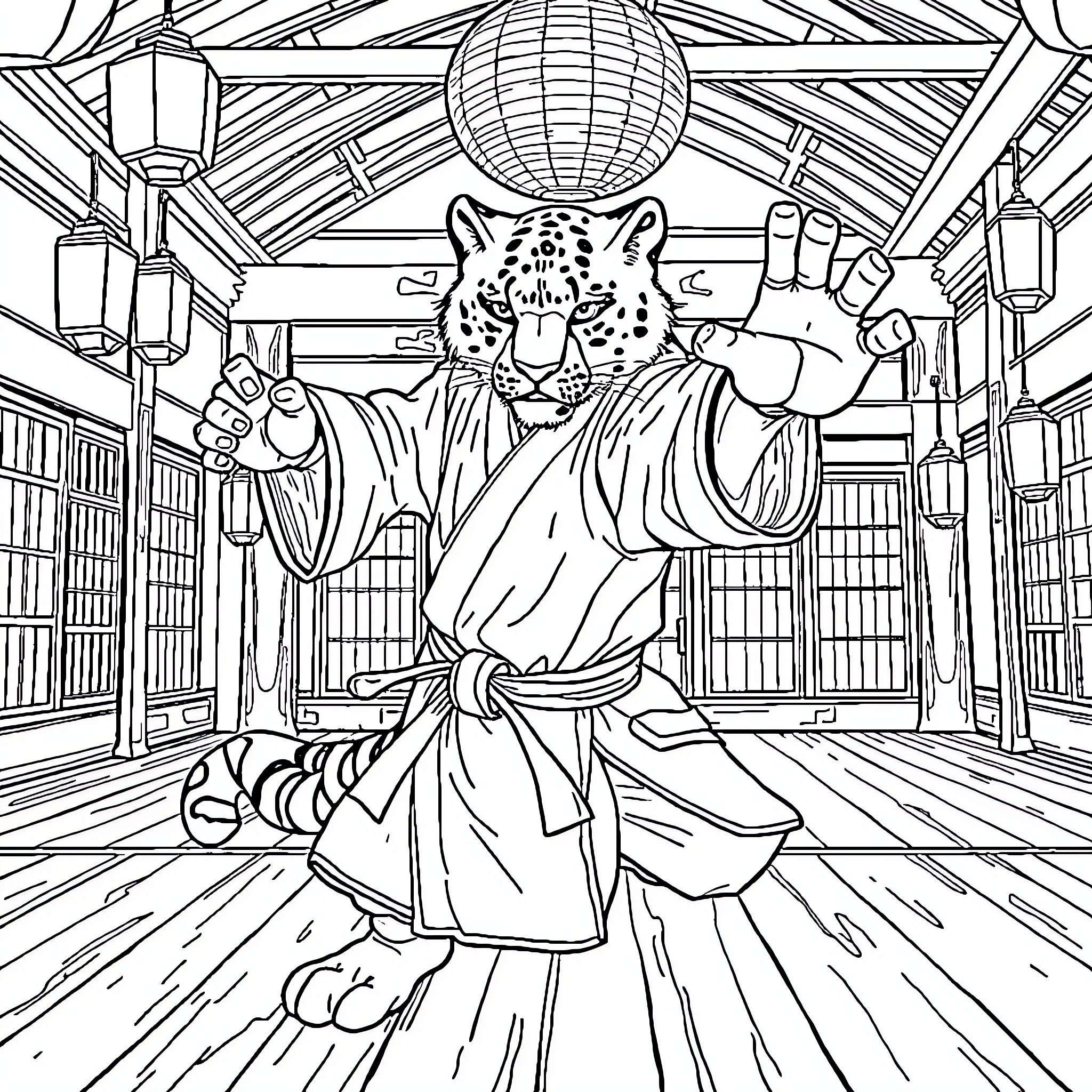 Snow Leopard Martial Artist in Traditional Japanese Setting Coloring Page (free black-and-white line drawing printable PDF for all, from beginners to advanced learners, including children, teens, adults, and seniors)