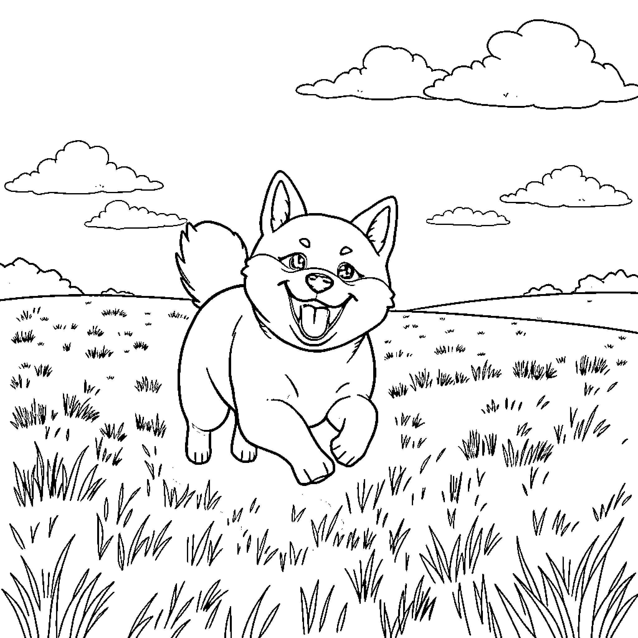 Shiba Inu playfully exploring a grassy field Coloring Page (free black-and-white line drawing printable PDF for all, from beginners to advanced learners, including children, teens, adults, and seniors)