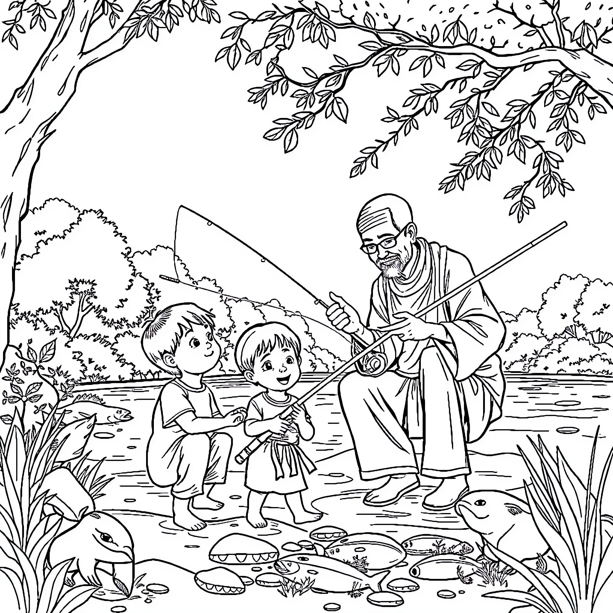 Upin Dan Ipin Enjoying Fishing Adventure with Grandfather Coloring Page (free black-and-white line drawing printable PDF for all, from beginners to advanced learners, including children, teens, adults, and seniors)