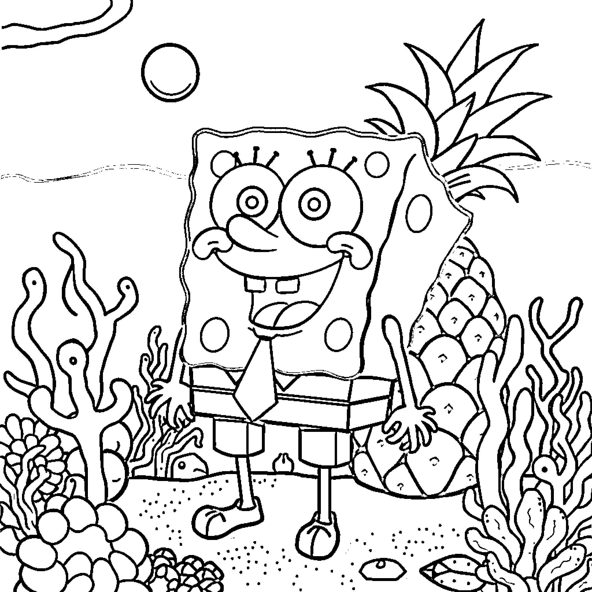 Spongebob explores the underwater world Coloring Page (free black-and-white line drawing printable PDF for all, from beginners to advanced learners, including children, teens, adults, and seniors)