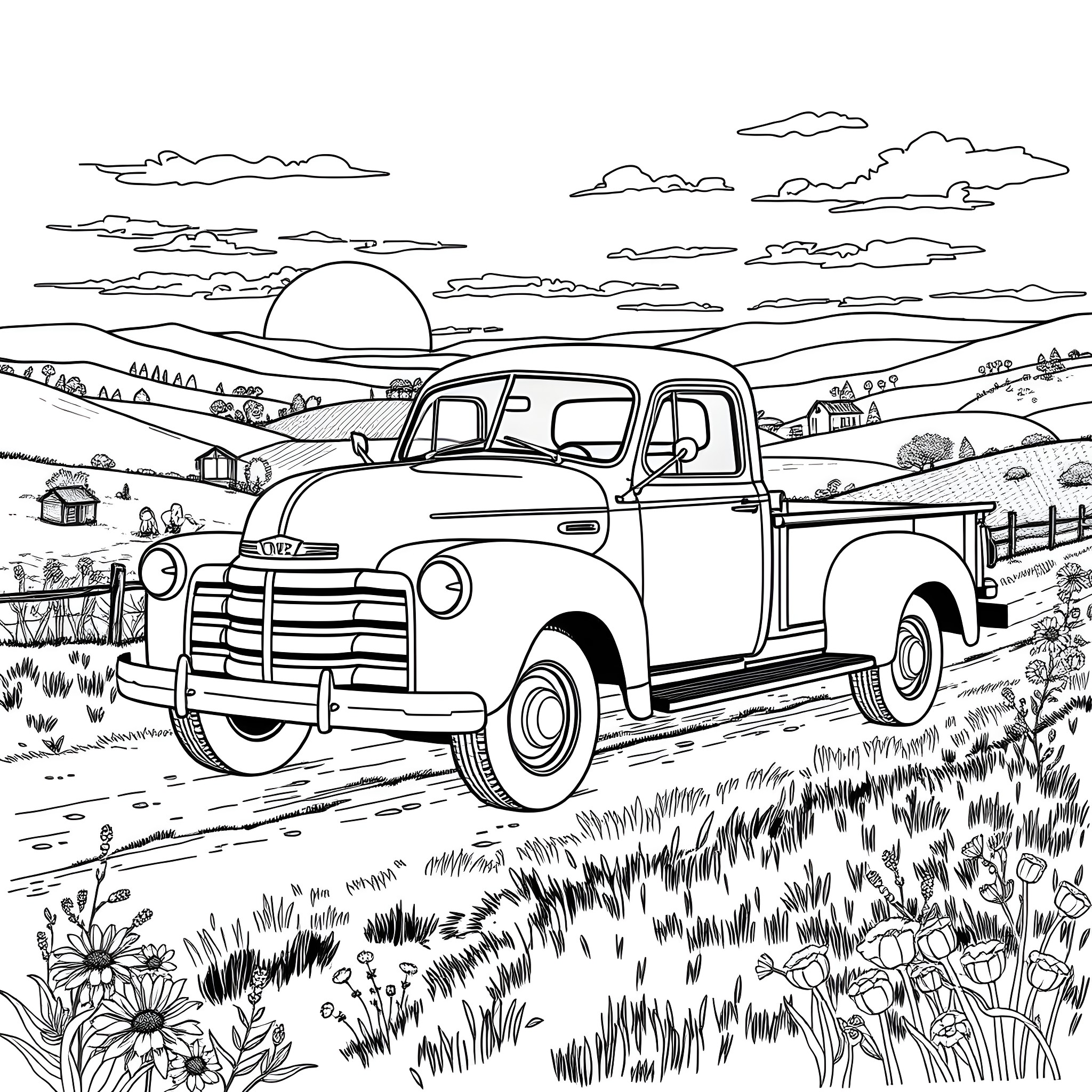 Truck driving through a rural countryside landscape Coloring Page (free black-and-white line drawing printable PDF for all, from beginners to advanced learners, including children, teens, adults, and seniors)