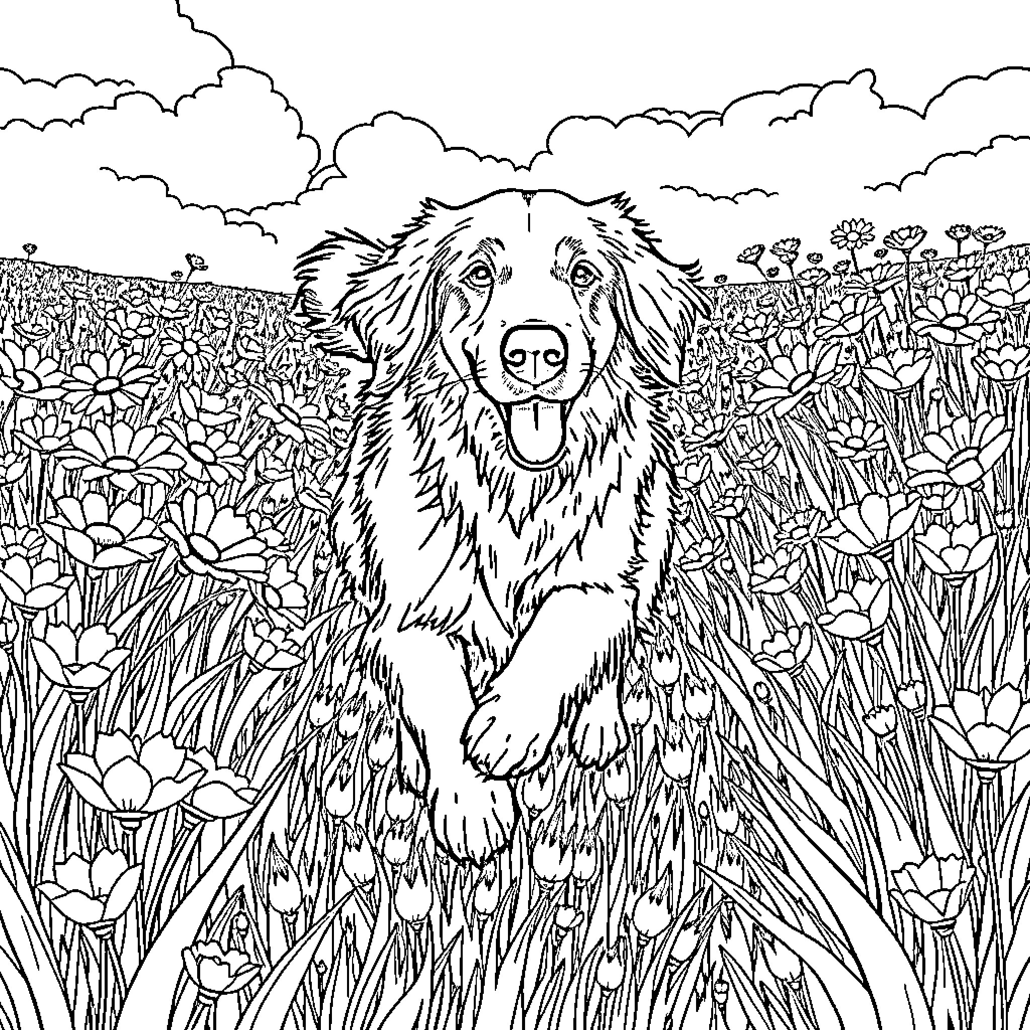 Golden Retriever Enjoys a Peaceful Meadow Coloring Page (free black-and-white line drawing printable PDF for all, from beginners to advanced learners, including children, teens, adults, and seniors)