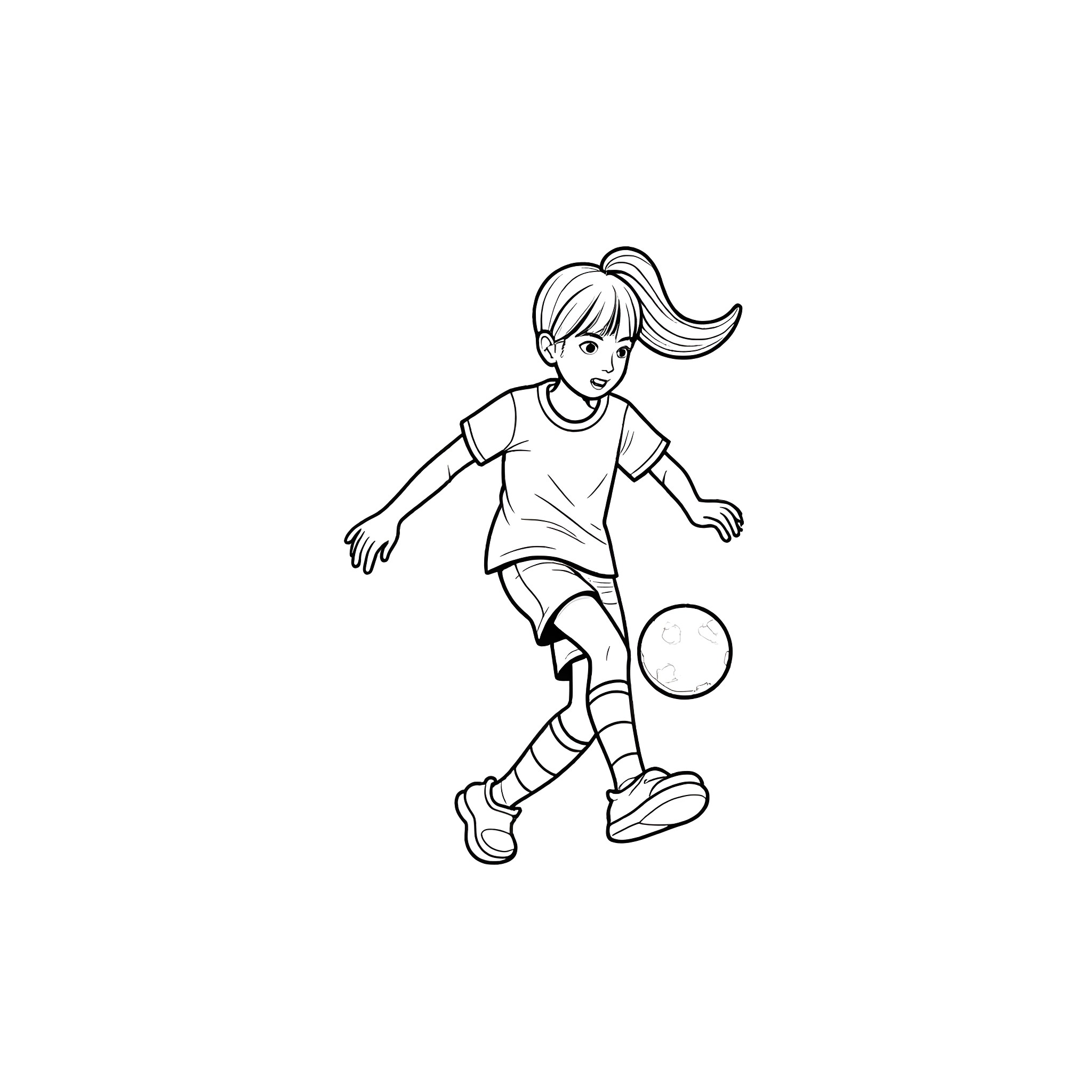 Girl playing with soccer ball Coloring Page (free black-and-white line drawing printable PDF for all, from beginners to advanced learners, including children, teens, adults, and seniors)