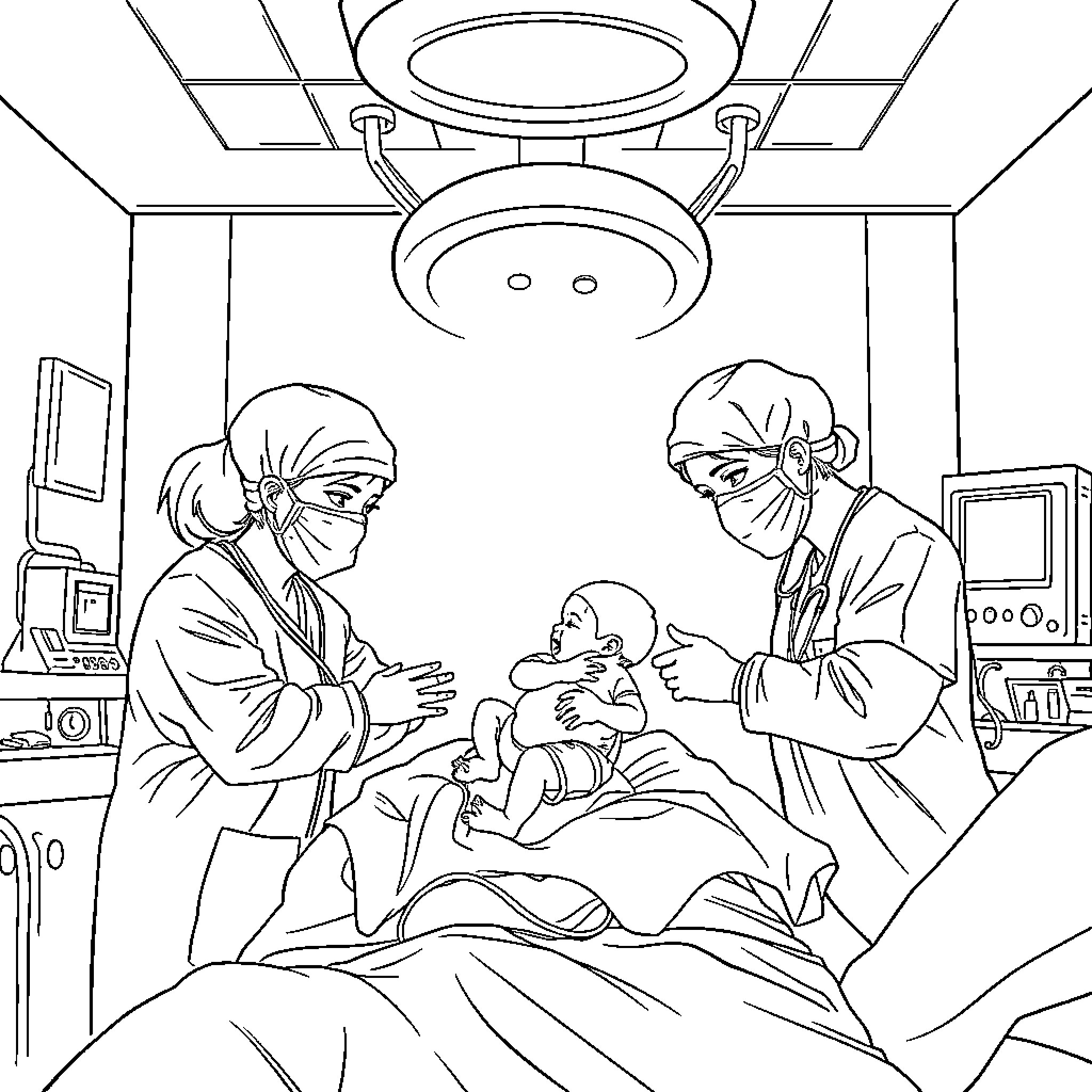Birth of a New Life in the Medical Setting Coloring Page (free black-and-white line drawing printable PDF for all, from beginners to advanced learners, including children, teens, adults, and seniors)
