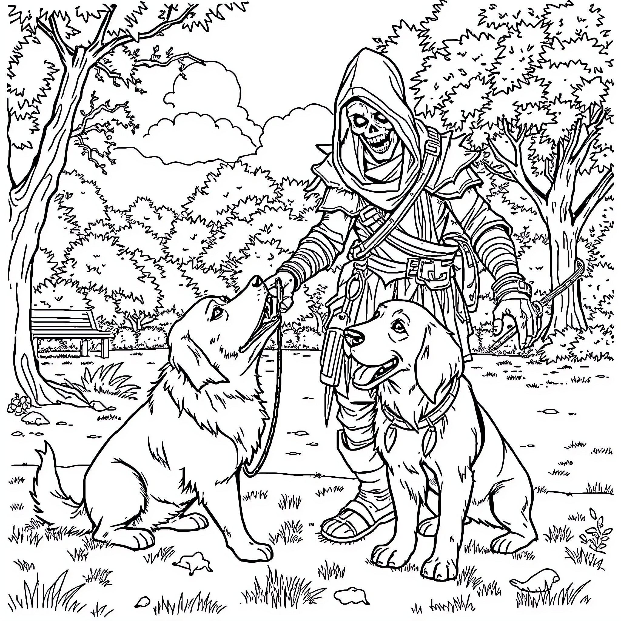 Undead Rogue Roaming the Enchanted Forest with Loyal Companions Coloring Page (free black-and-white line drawing printable PDF for all, from beginners to advanced learners, including children, teens, adults, and seniors)