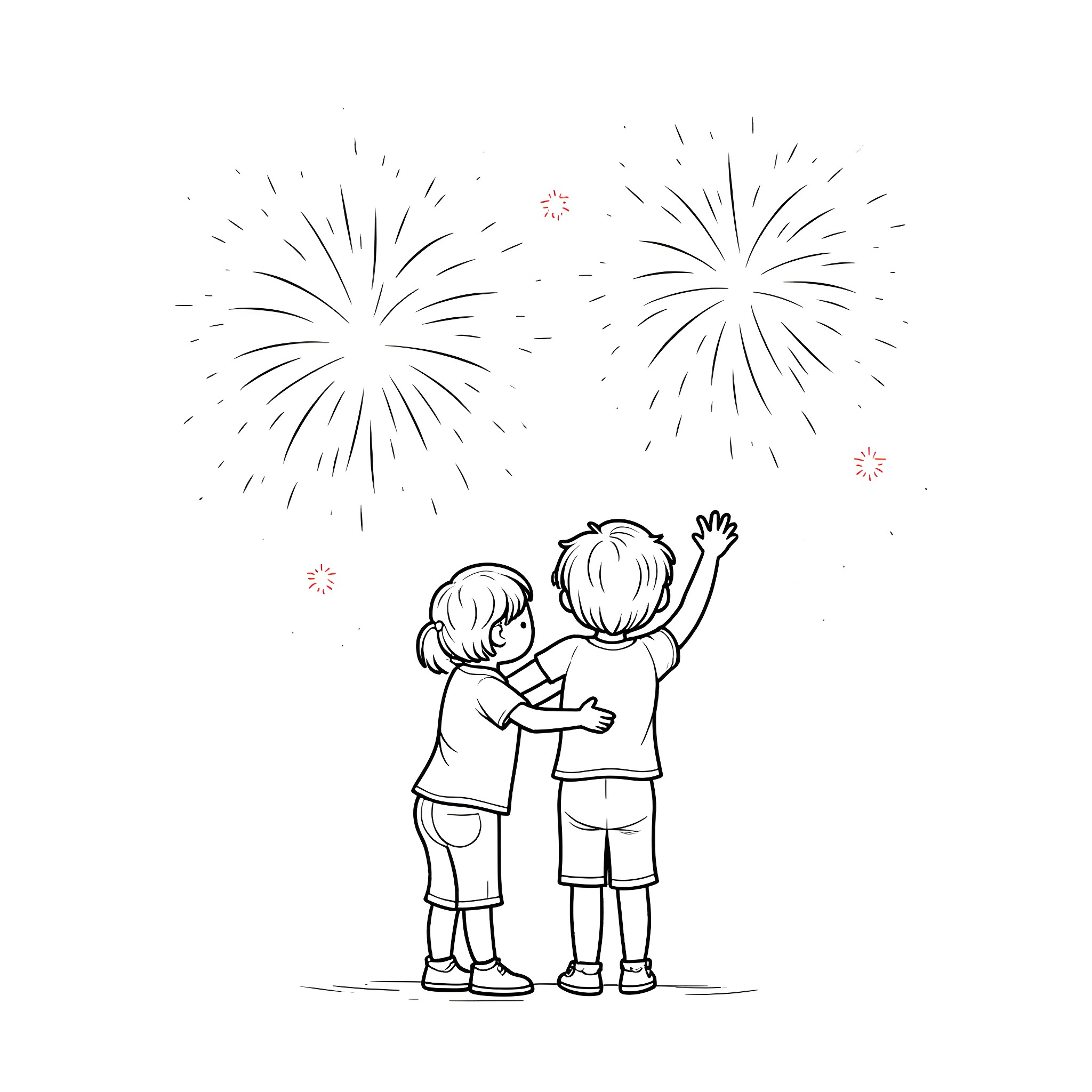 Kid siblings watching fireworks together Coloring Page (free black-and-white line drawing printable PDF for all, from beginners to advanced learners, including children, teens, adults, and seniors)