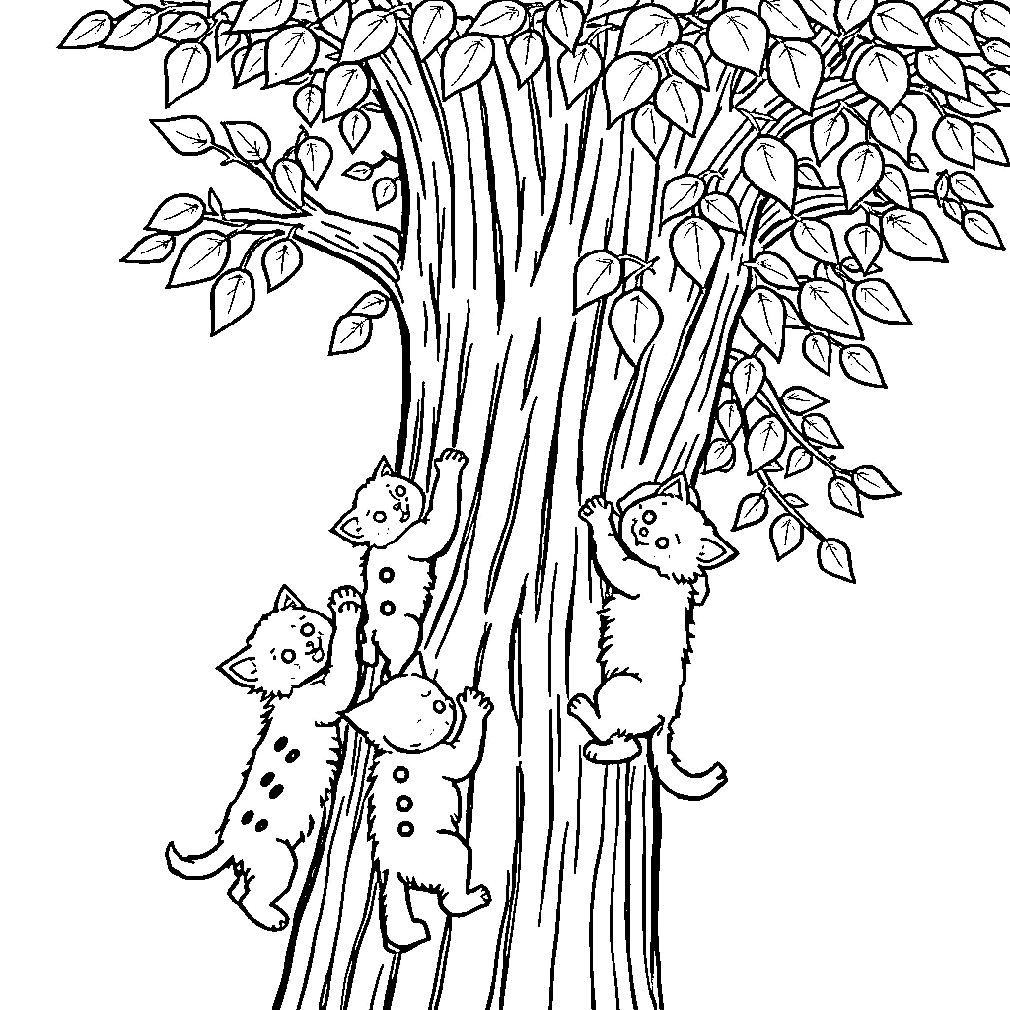 Kittens playing in the enchanted forest Coloring Page (free black-and-white line drawing printable PDF for all, from beginners to advanced learners, including children, teens, adults, and seniors)