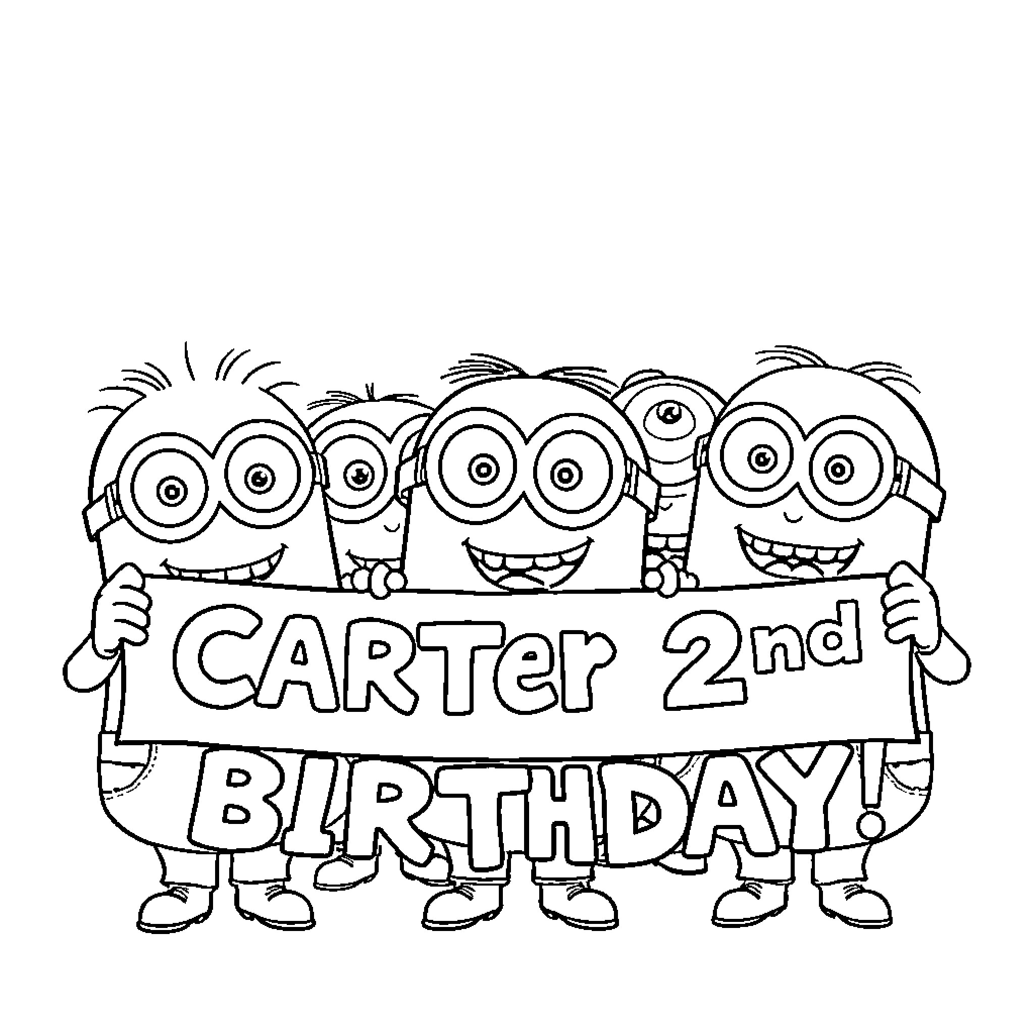Minions celebrating Carter's 2nd birthday Coloring Page (free black-and-white line drawing printable PDF for all, from beginners to advanced learners, including children, teens, adults, and seniors)