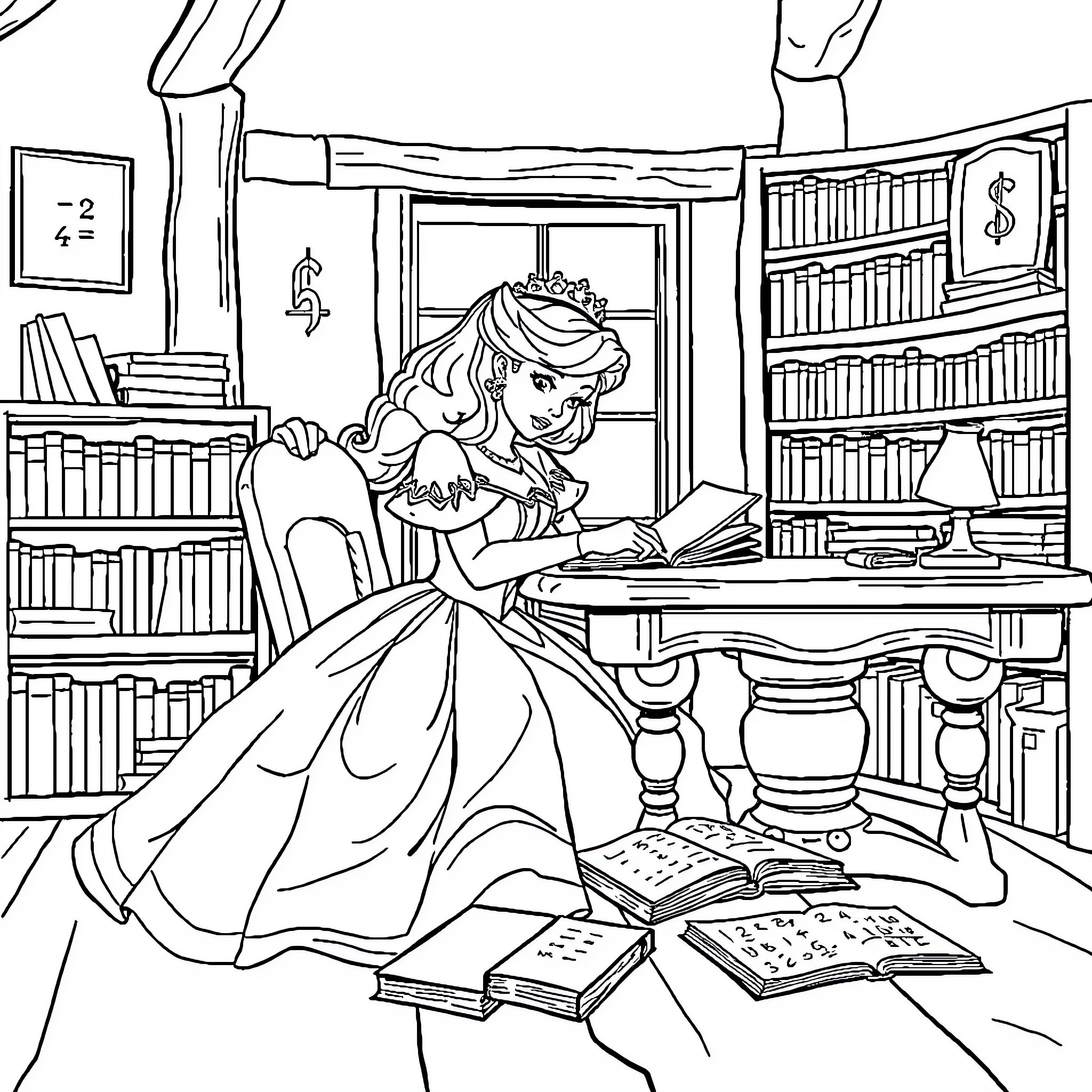 Snow White studying diligently in the library Coloring Page (free black-and-white line drawing printable PDF for all, from beginners to advanced learners, including children, teens, adults, and seniors)