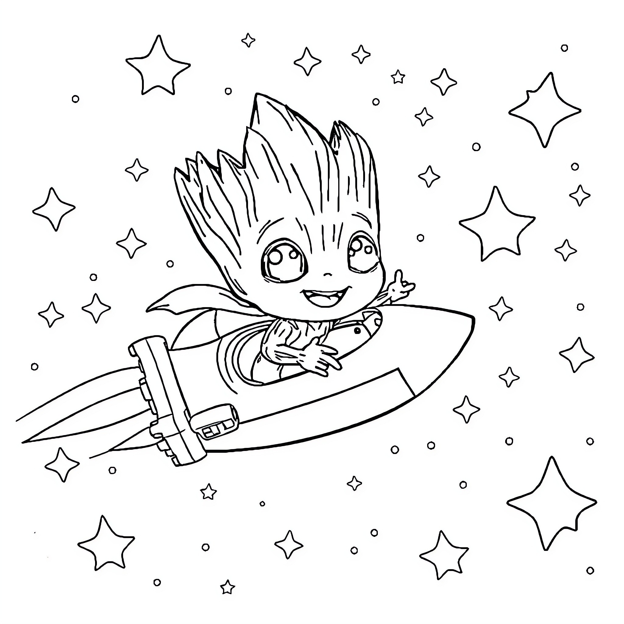 Baby Groot riding a surfboard among the stars Coloring Page (free black-and-white line drawing printable PDF for all, from beginners to advanced learners, including children, teens, adults, and seniors)