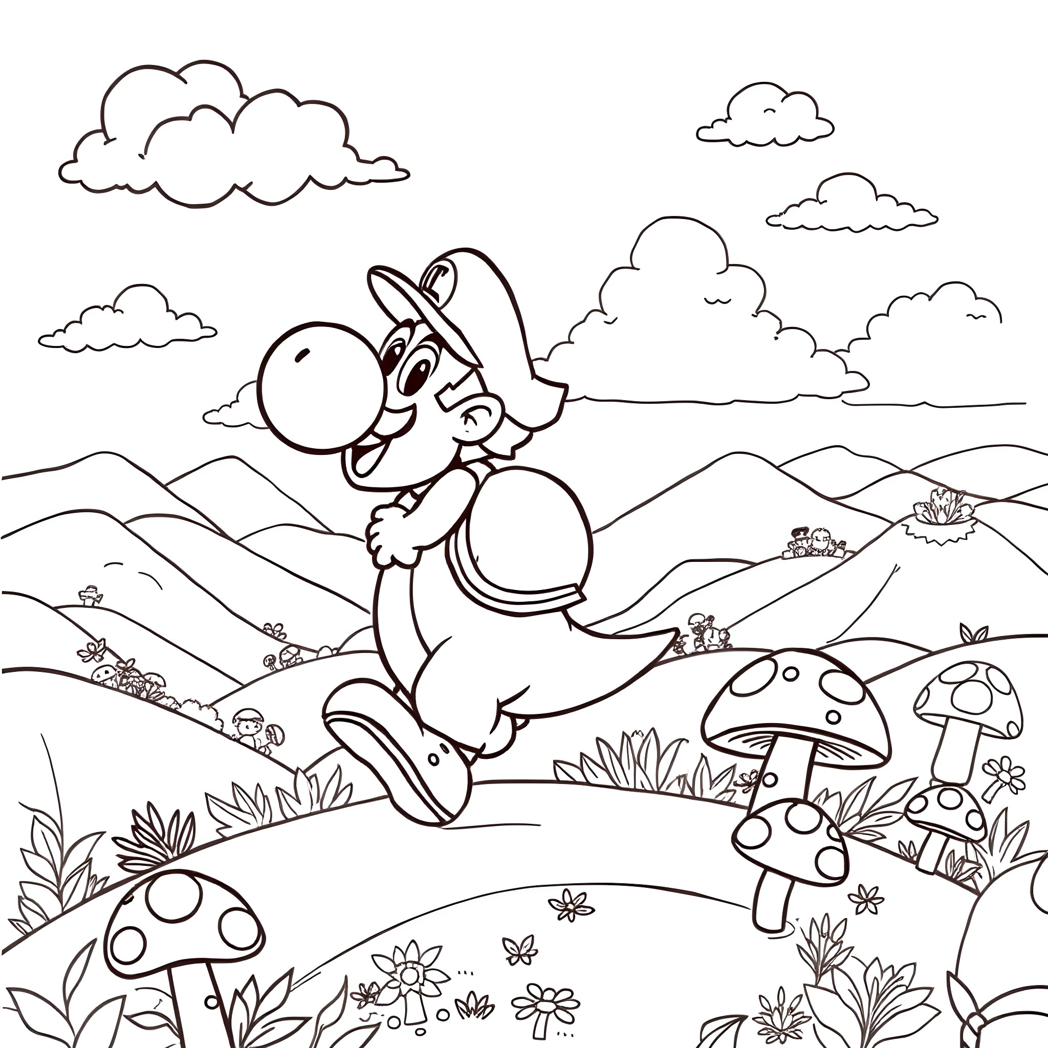 Yoshi running happily through a scenic landscape Coloring Page (free black-and-white line drawing printable PDF for all, from beginners to advanced learners, including children, teens, adults, and seniors)