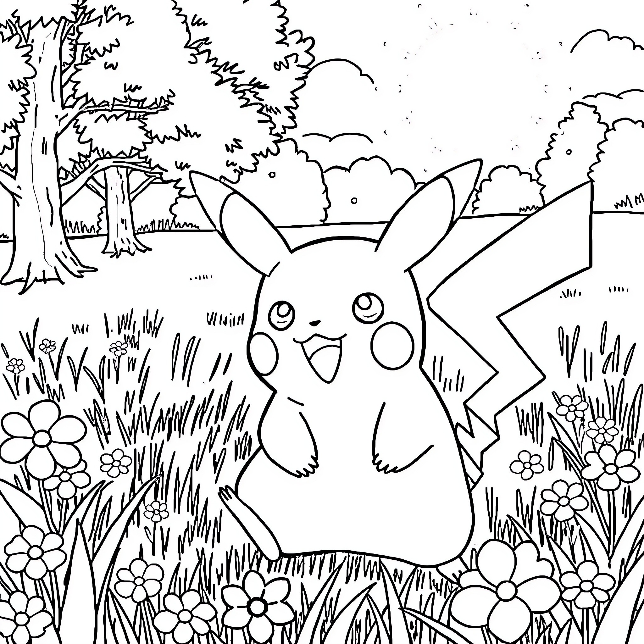 Pikachu playing in a nature scene Coloring Page (free black-and-white line drawing printable PDF for all, from beginners to advanced learners, including children, teens, adults, and seniors)