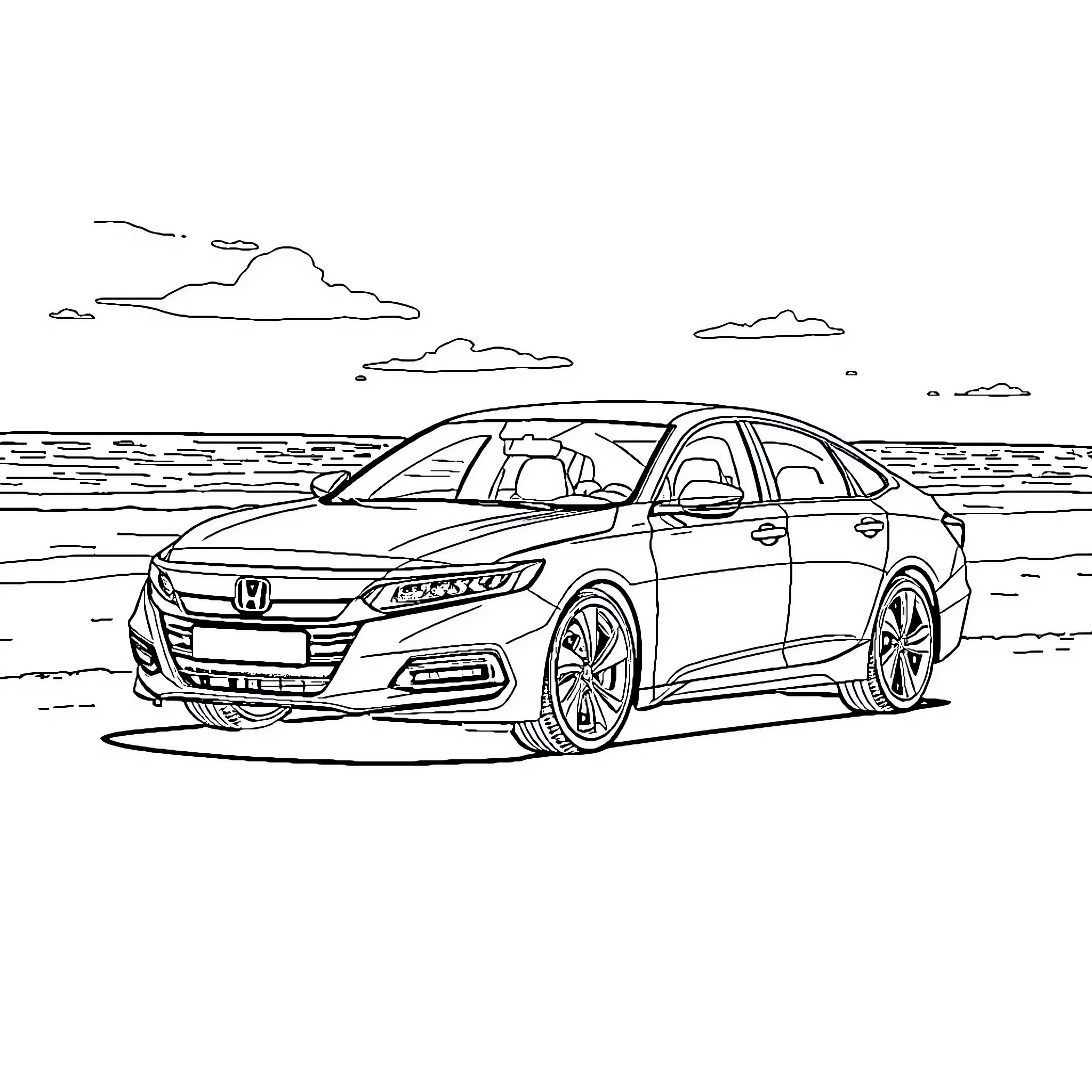 Honda Accord parked on the beach Coloring Page (free black-and-white line drawing printable PDF for all, from beginners to advanced learners, including children, teens, adults, and seniors)