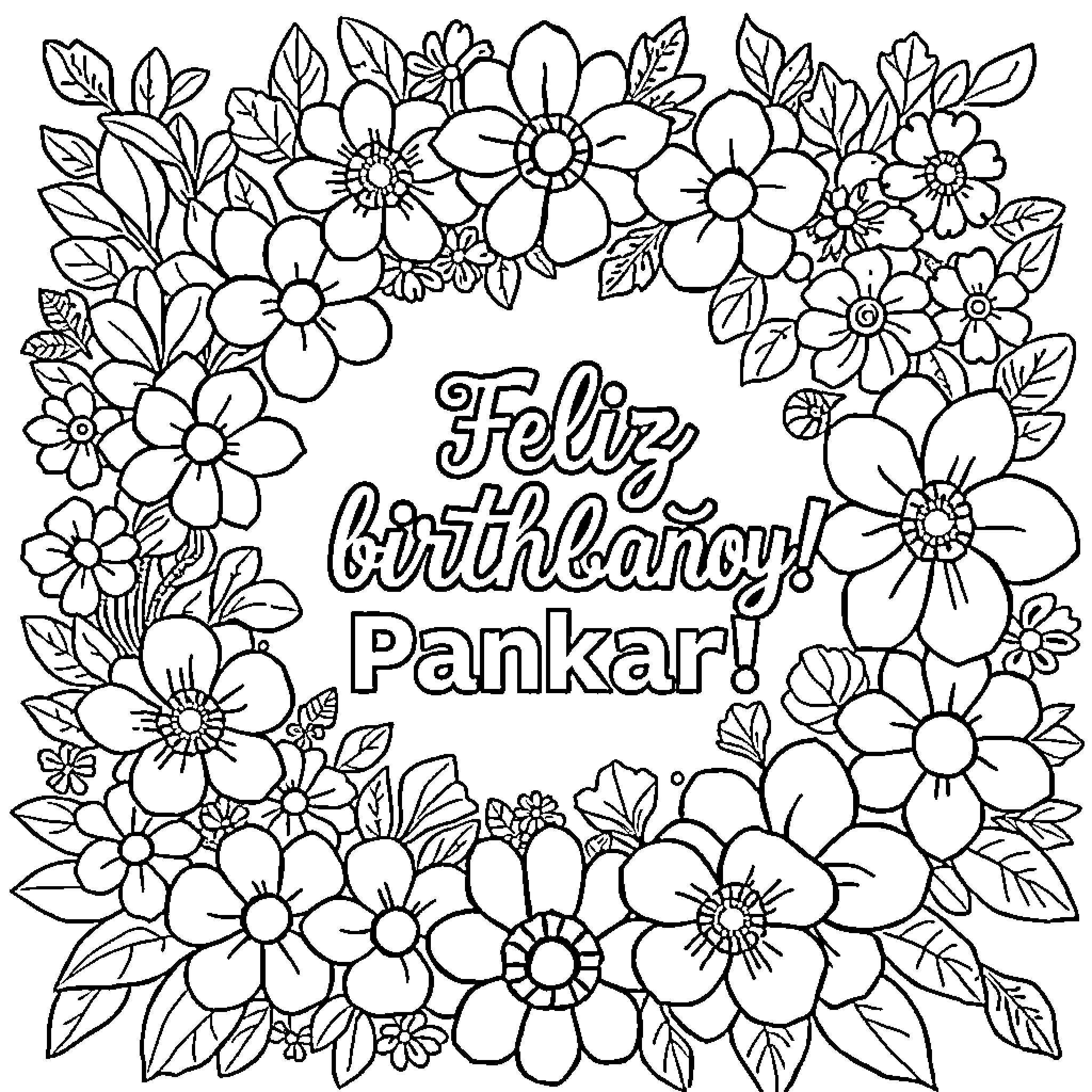 Flower wreath with birthday message Coloring Page (free black-and-white line drawing printable PDF for all, from beginners to advanced learners, including children, teens, adults, and seniors)