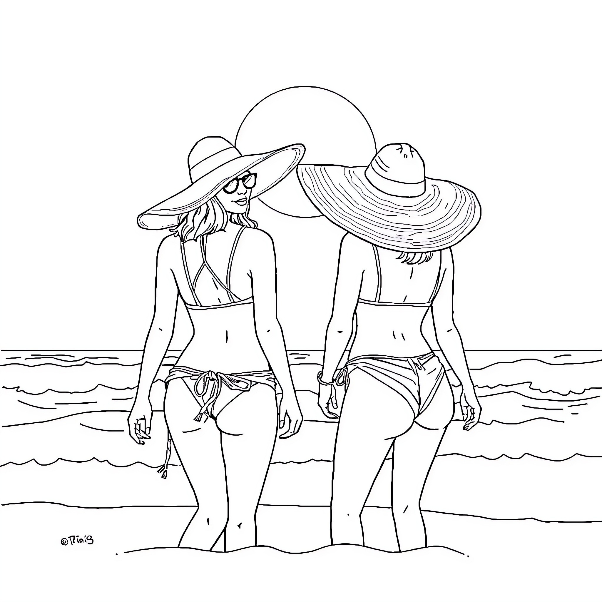 Women enjoying the beach in stylish swimwear Coloring Page (free black-and-white line drawing printable PDF for all, from beginners to advanced learners, including children, teens, adults, and seniors)