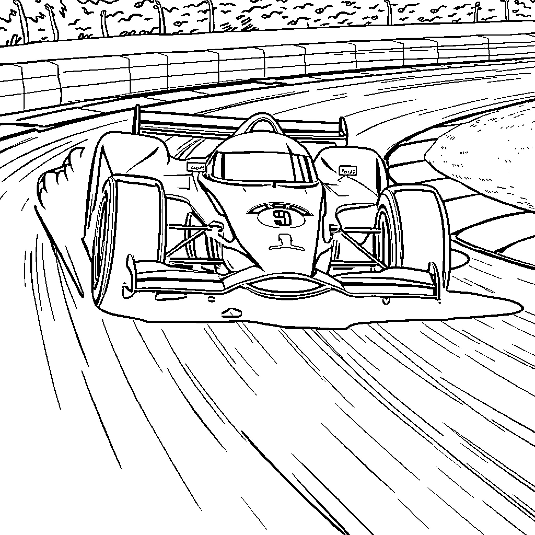 Racecar speeding along the racetrack Coloring Page (free black-and-white line drawing printable PDF for all, from beginners to advanced learners, including children, teens, adults, and seniors)