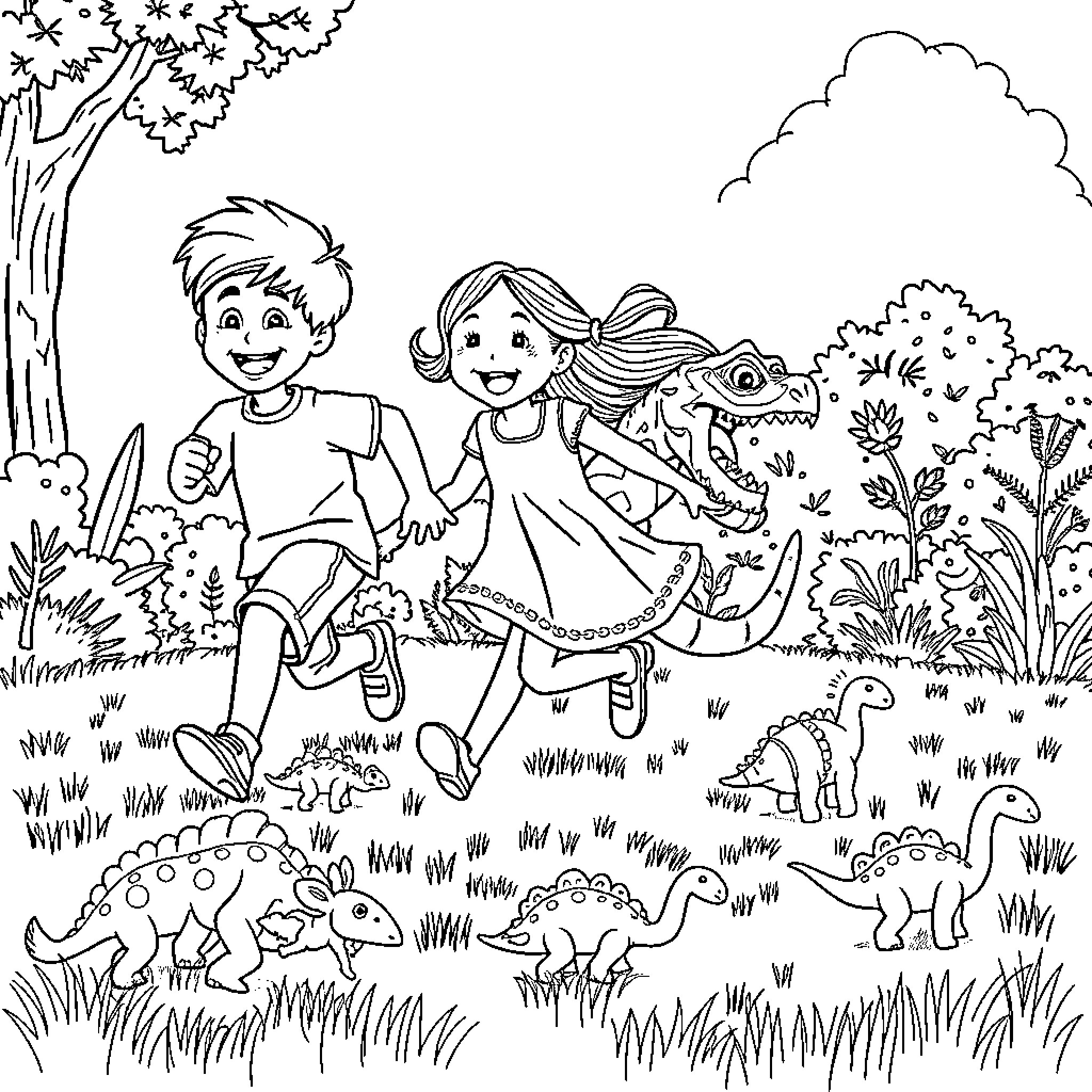 Dinosaur adventure with children in the forest Coloring Page (free black-and-white line drawing printable PDF for all, from beginners to advanced learners, including children, teens, adults, and seniors)