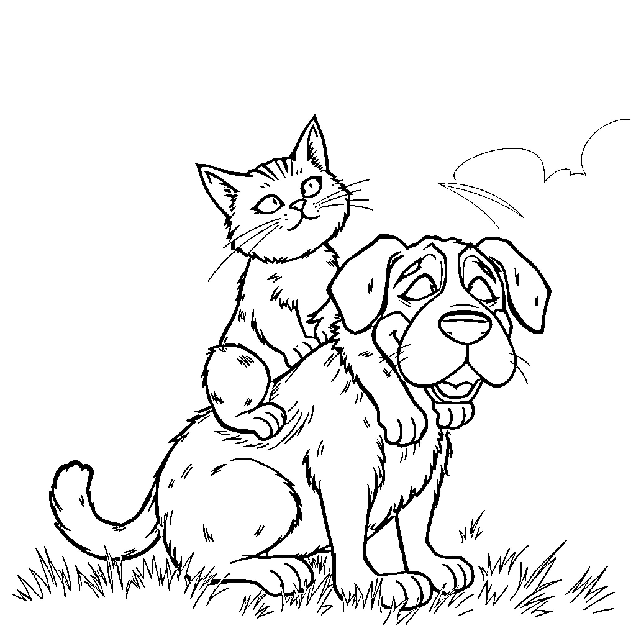 Cat and Dog playing in the Meadow Coloring Page (free black-and-white line drawing printable PDF for all, from beginners to advanced learners, including children, teens, adults, and seniors)