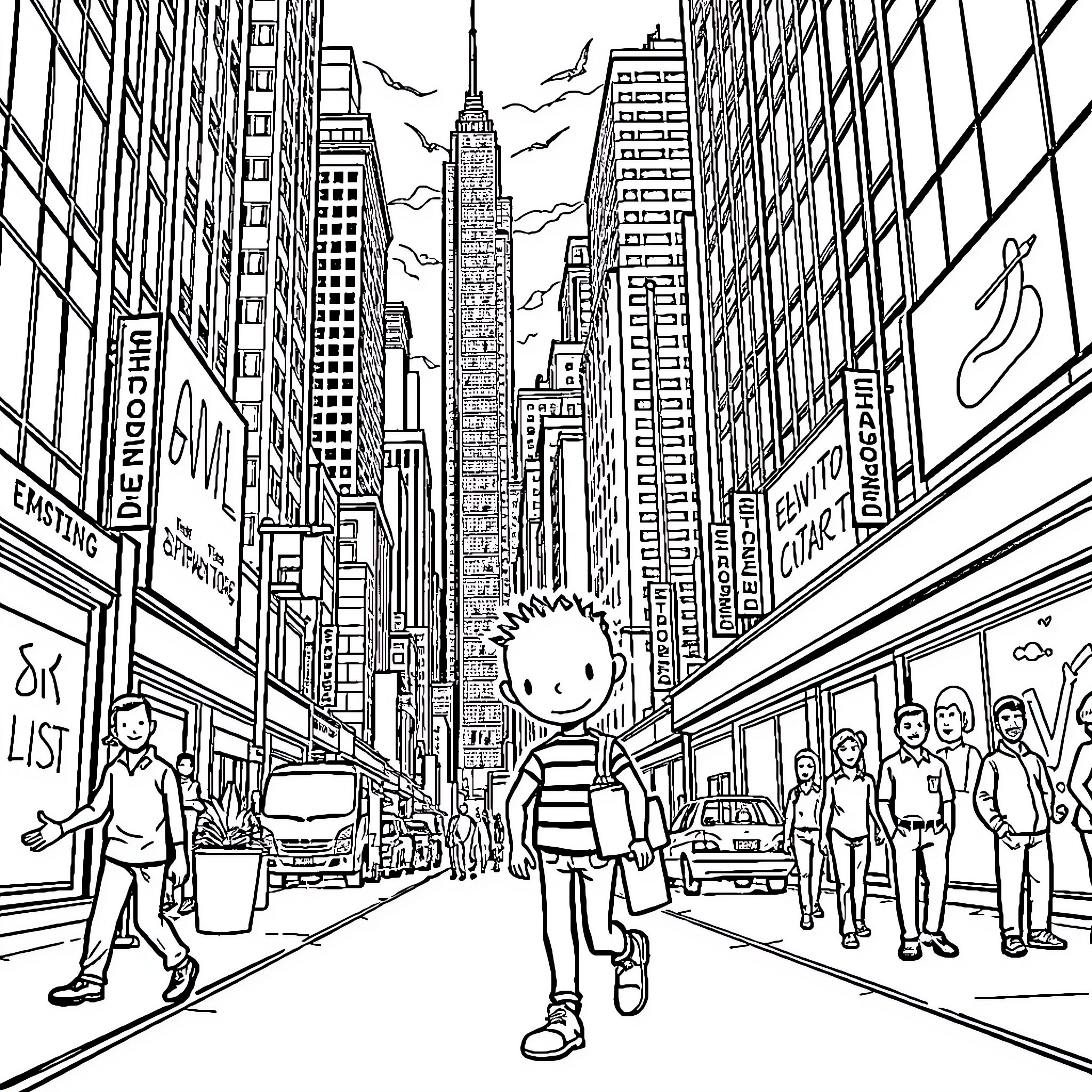 Elvin's Exciting City Adventure Coloring Page (free black-and-white line drawing printable PDF for all, from beginners to advanced learners, including children, teens, adults, and seniors)