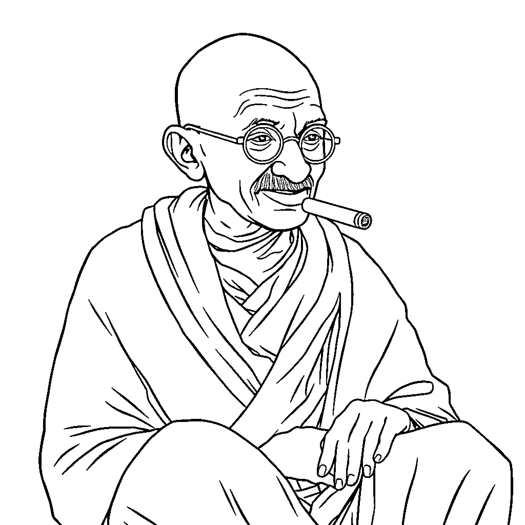 Mahatma Gandhi in contemplative pose with pipe Coloring Page (free black-and-white line drawing printable PDF for all, from beginners to advanced learners, including children, teens, adults, and seniors)
