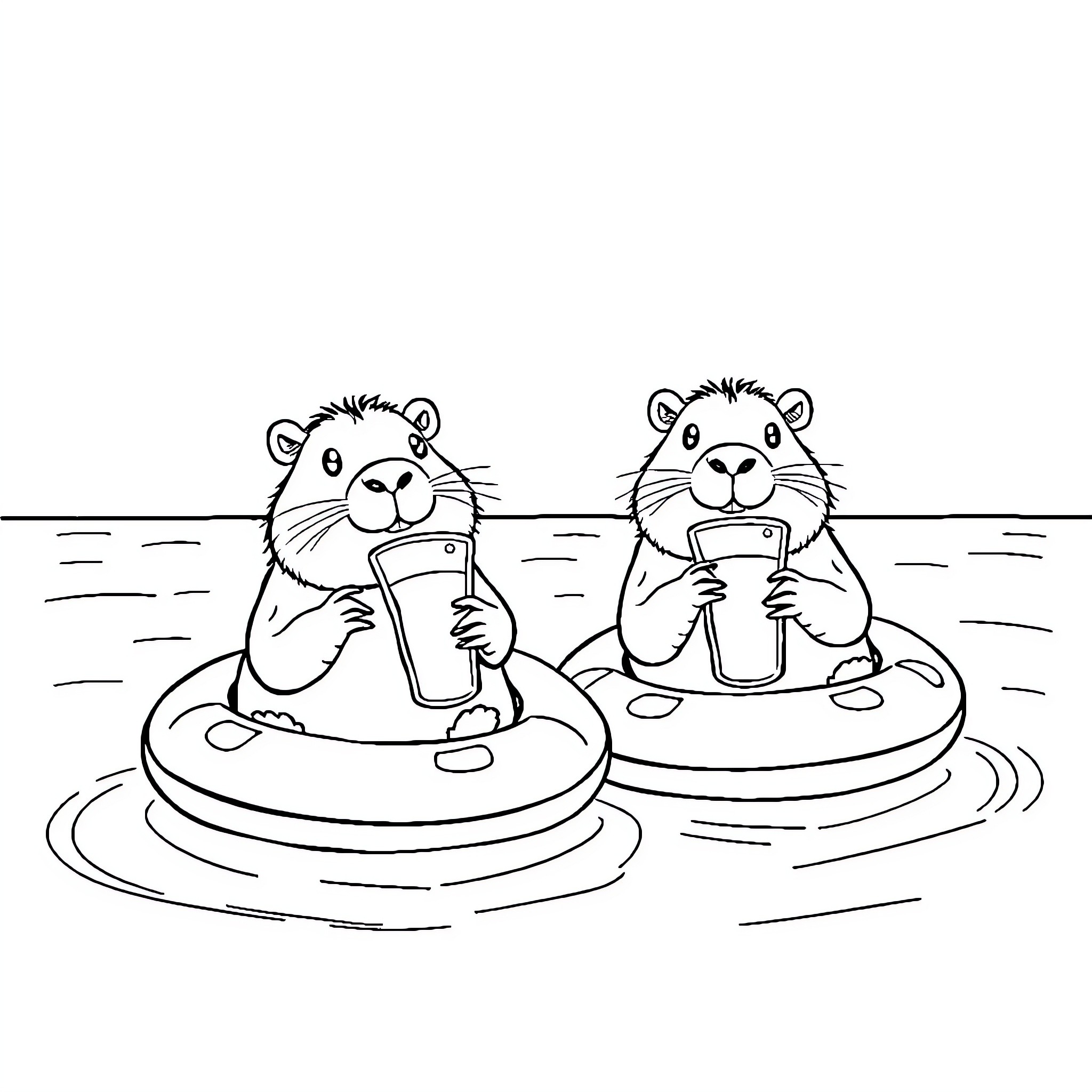 Capybara relaxing on floats while enjoying drinks Coloring Page (free black-and-white line drawing printable PDF for all, from beginners to advanced learners, including children, teens, adults, and seniors)