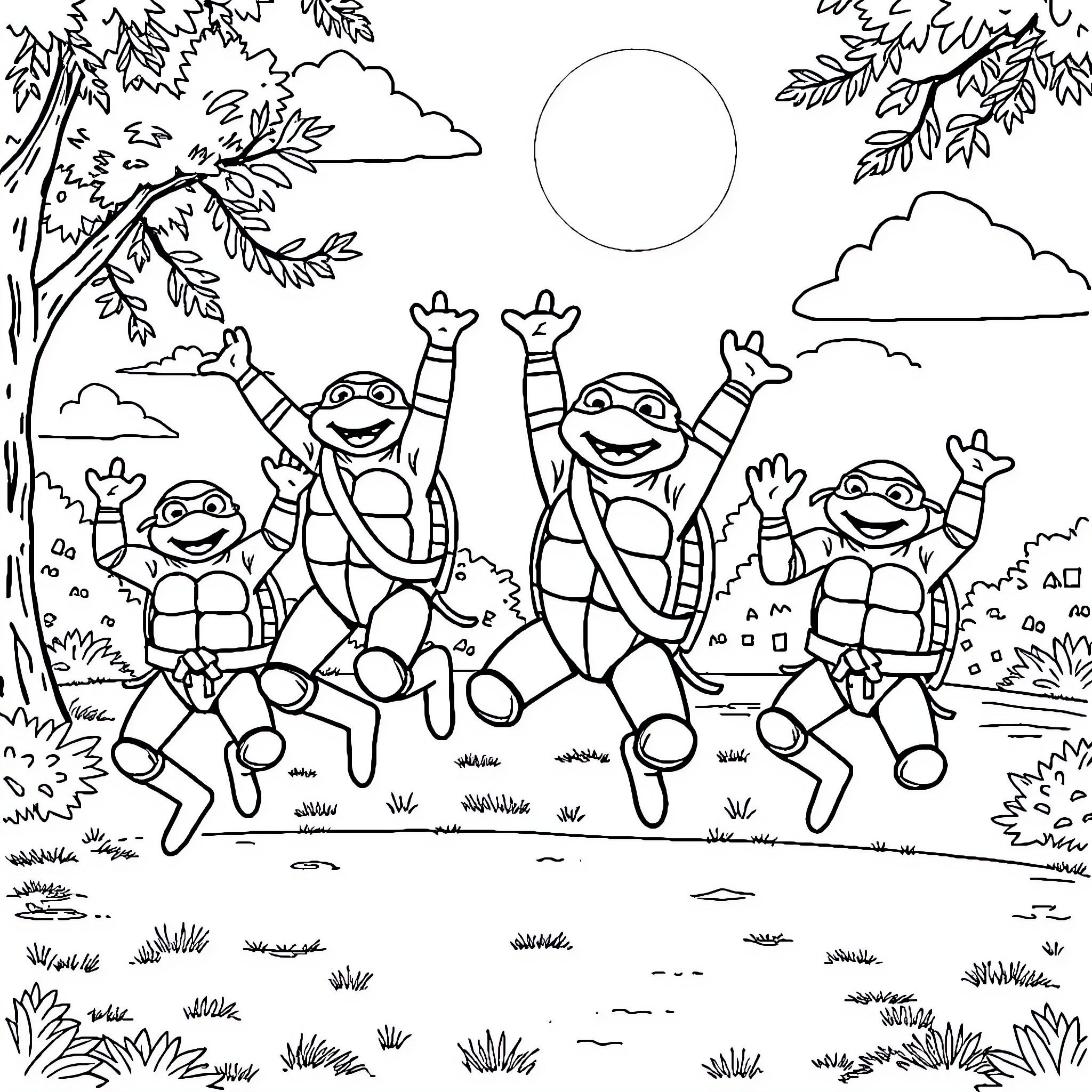 Ninja Turtles joyfully jumping in nature scene Coloring Page (free black-and-white line drawing printable PDF for all, from beginners to advanced learners, including children, teens, adults, and seniors)