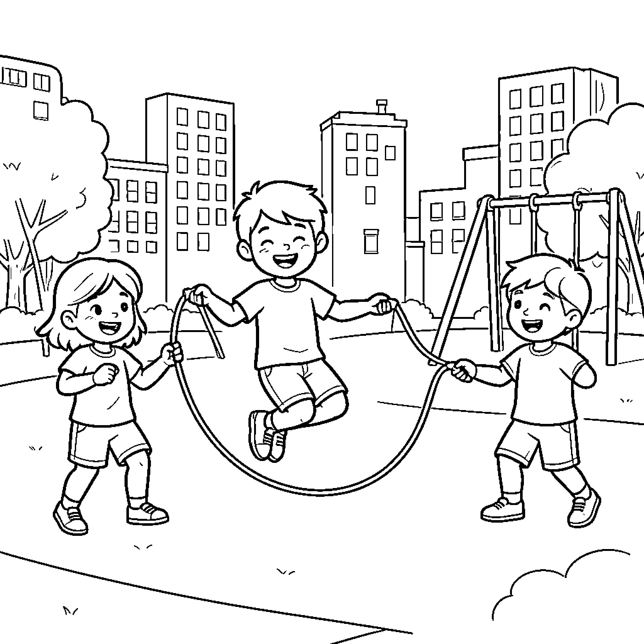Child jumping rope with friends in the park Coloring Page (free black-and-white line drawing printable PDF for all, from beginners to advanced learners, including children, teens, adults, and seniors)