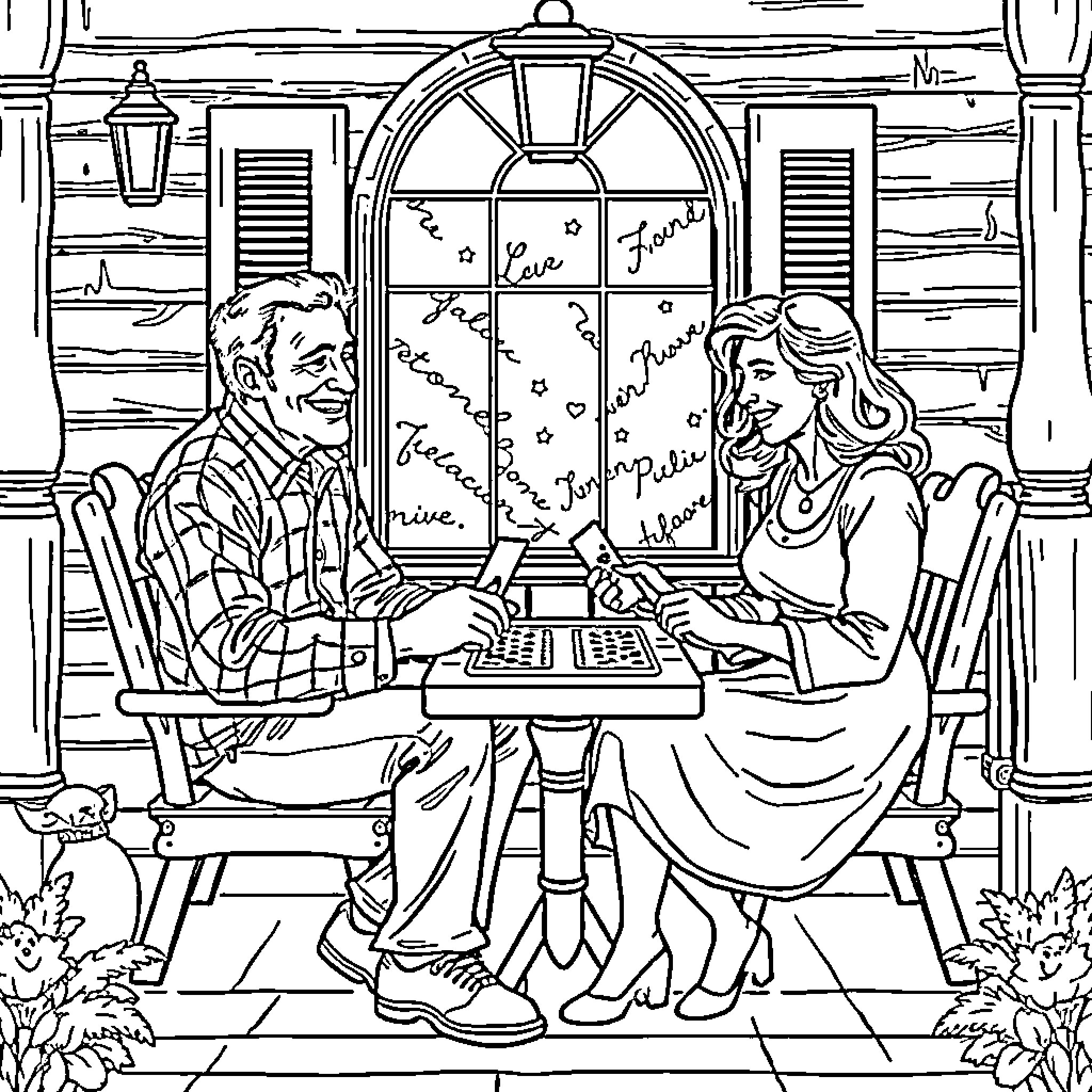 Man and Woman Sharing Moment in Cozy Home Coloring Page (free black-and-white line drawing printable PDF for all, from beginners to advanced learners, including children, teens, adults, and seniors)
