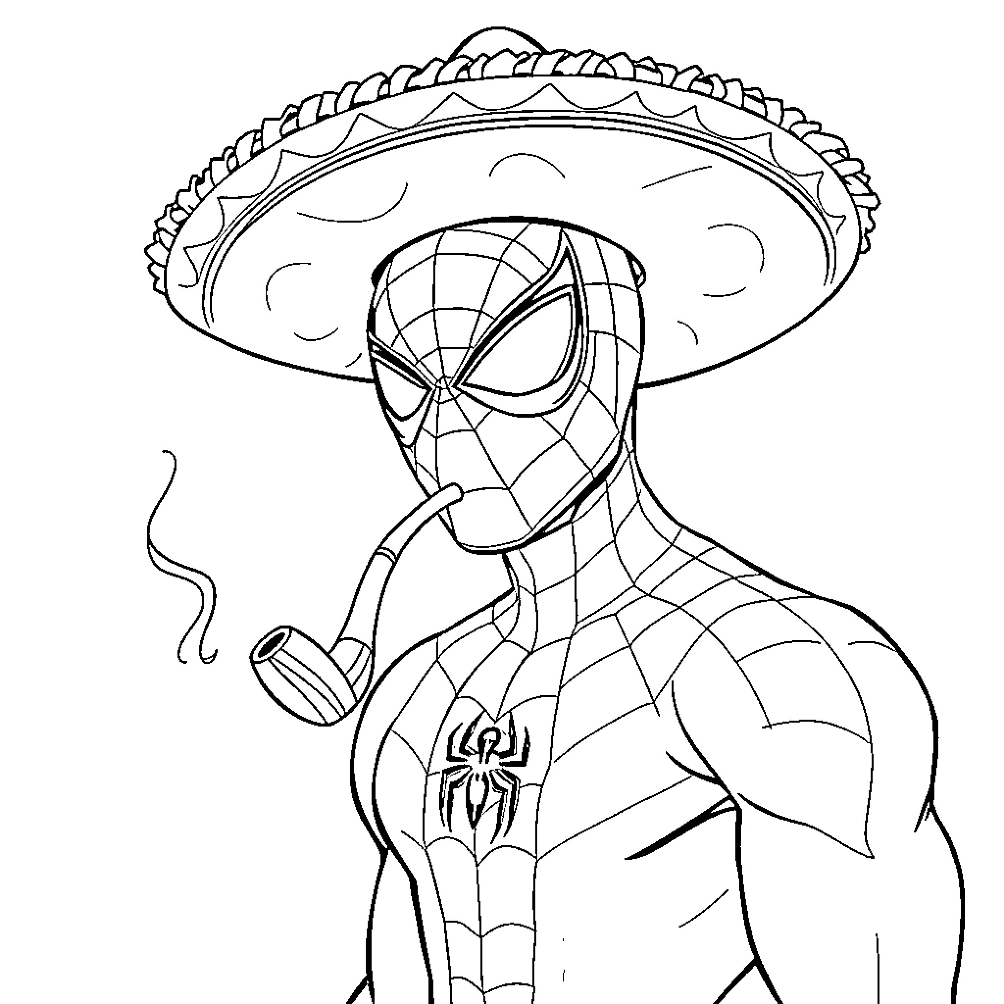 Spider-Man enjoying a smoke break in a sombrero Coloring Page (free black-and-white line drawing printable PDF for all, from beginners to advanced learners, including children, teens, adults, and seniors)
