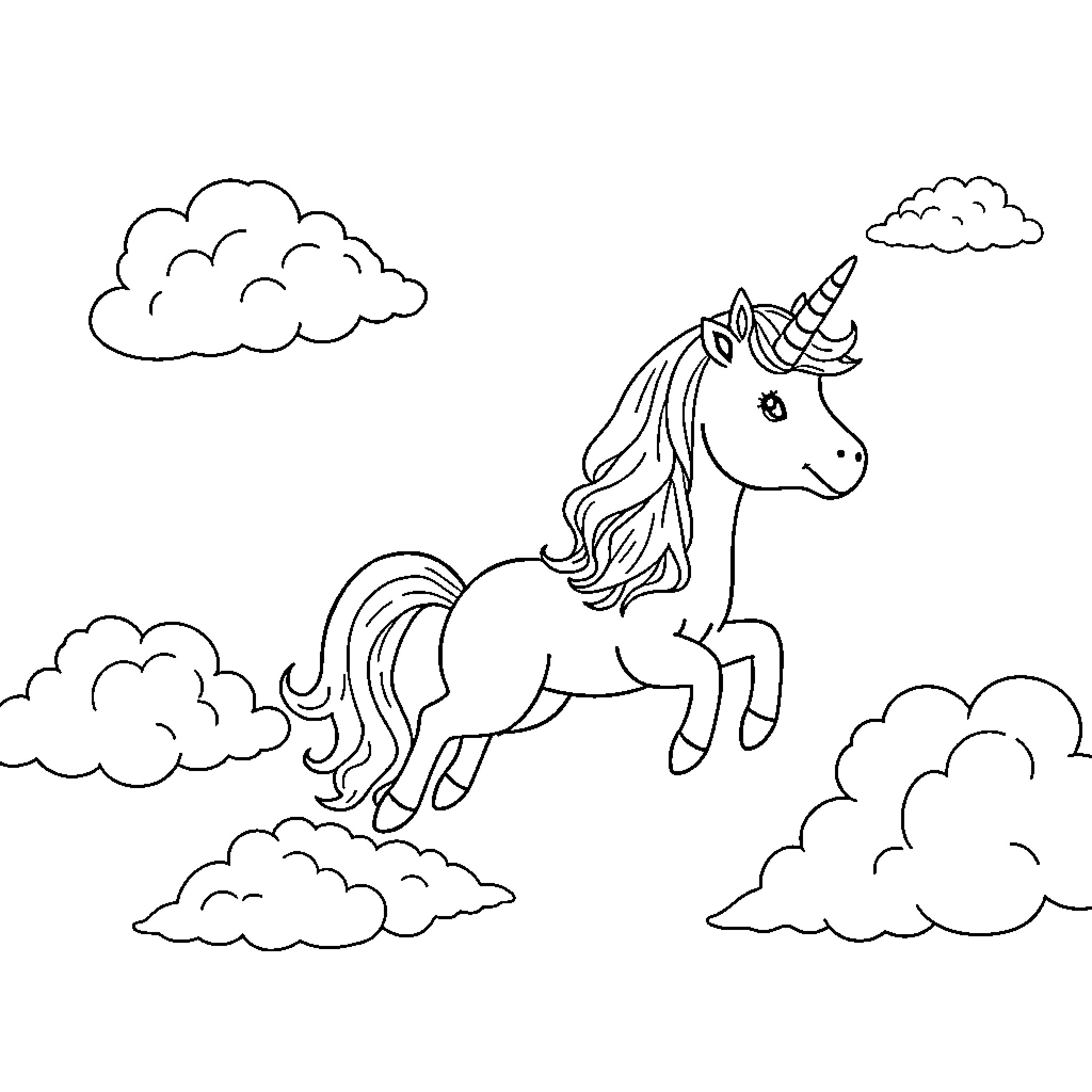 Unicorn galloping through the clouds Coloring Page (free black-and-white line drawing printable PDF for all, from beginners to advanced learners, including children, teens, adults, and seniors)