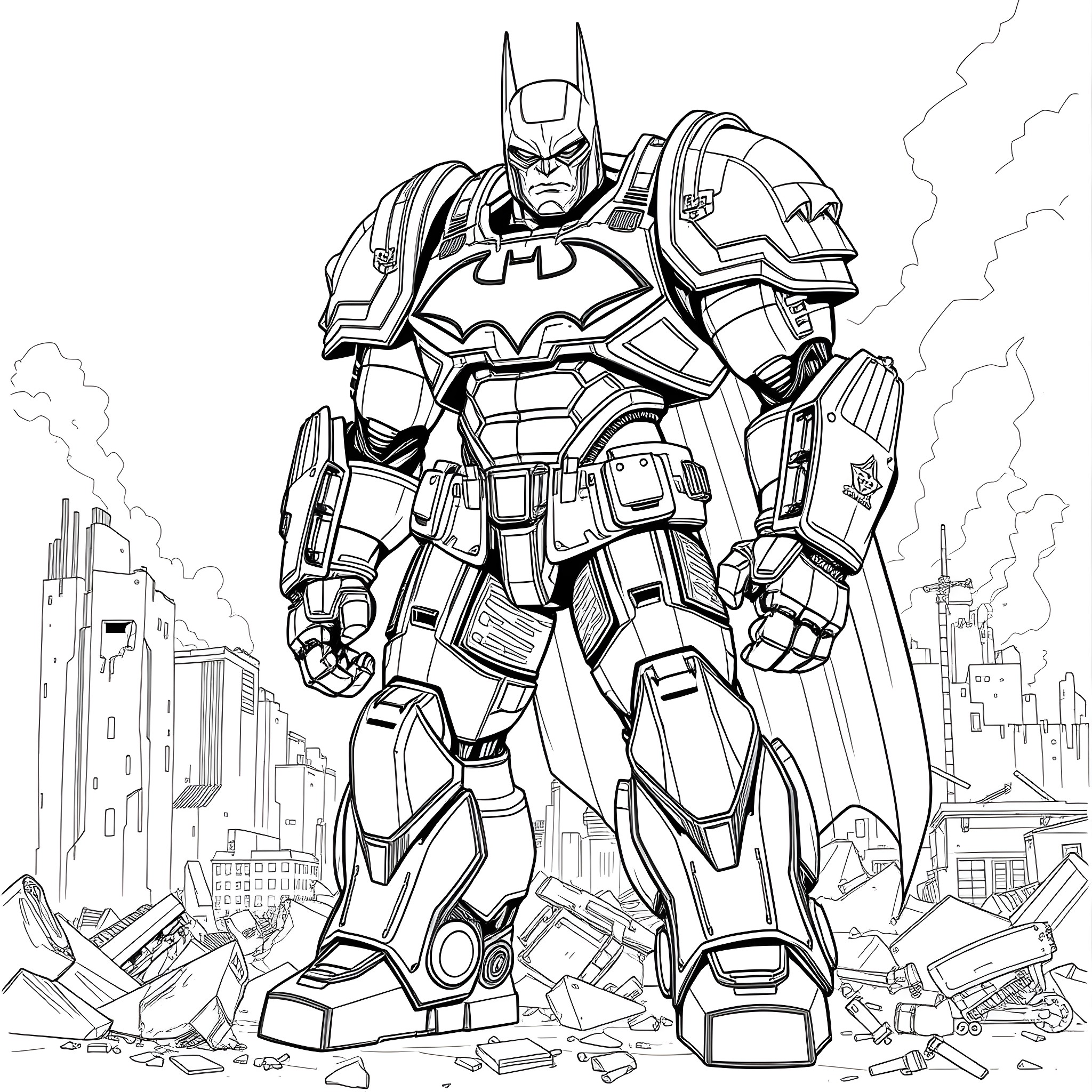 Ironman Heroic Pose Amidst Cityscape Destruction Coloring Page (free black-and-white line drawing printable PDF for all, from beginners to advanced learners, including children, teens, adults, and seniors)
