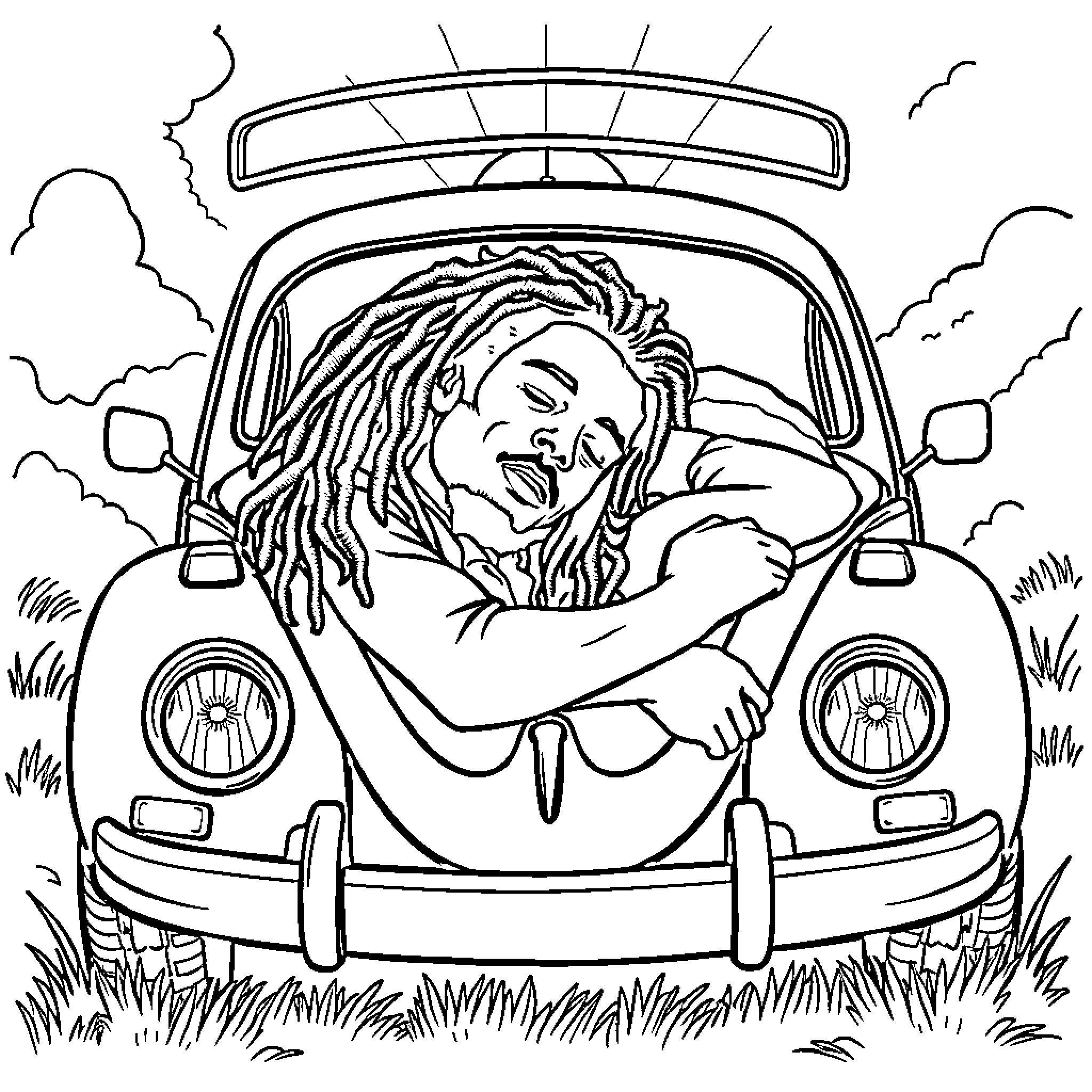 Bob Marley enjoying a relaxing ride in a vintage car Coloring Page (free black-and-white line drawing printable PDF for all, from beginners to advanced learners, including children, teens, adults, and seniors)