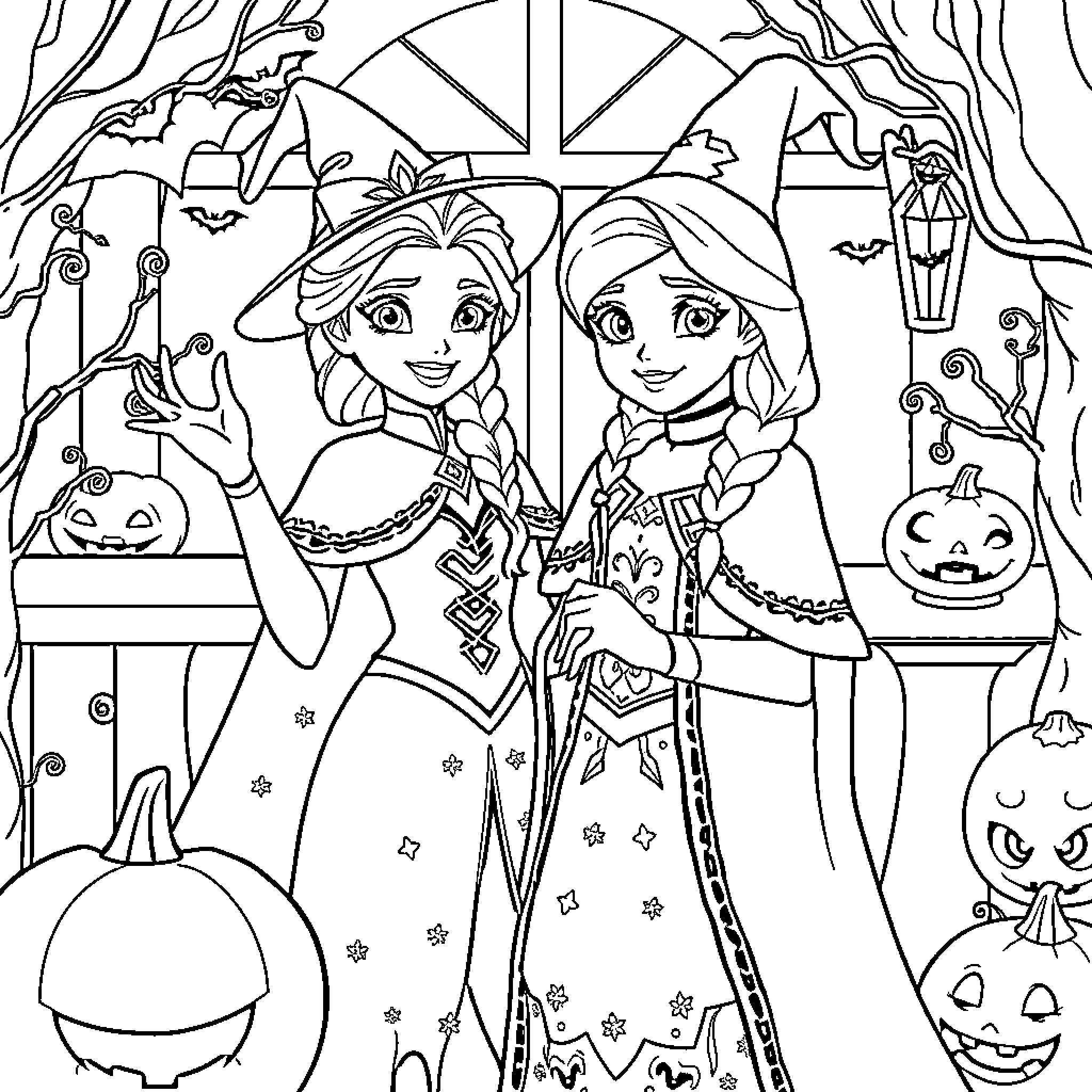 Elsa and Anna in festive Halloween costumes Coloring Page (free black-and-white line drawing printable PDF for all, from beginners to advanced learners, including children, teens, adults, and seniors)