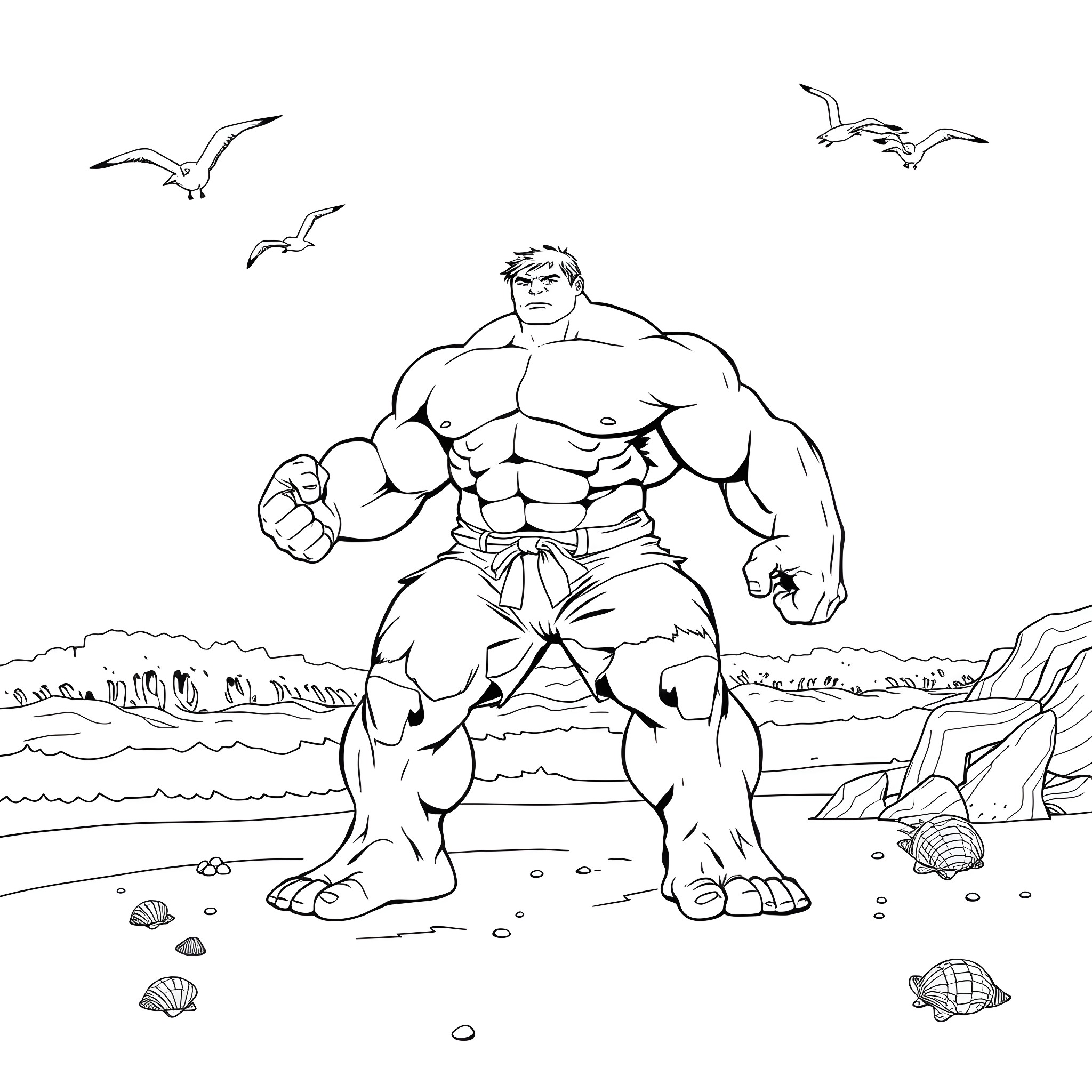 Hulk standing tall and mighty on the beach Coloring Page (free black-and-white line drawing printable PDF for all, from beginners to advanced learners, including children, teens, adults, and seniors)