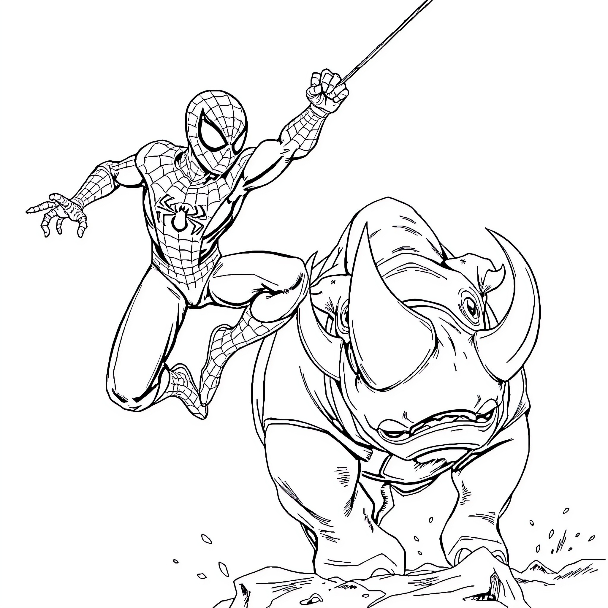Spider-Man battling a giant rhino-like creature Coloring Page (free black-and-white line drawing printable PDF for all, from beginners to advanced learners, including children, teens, adults, and seniors)