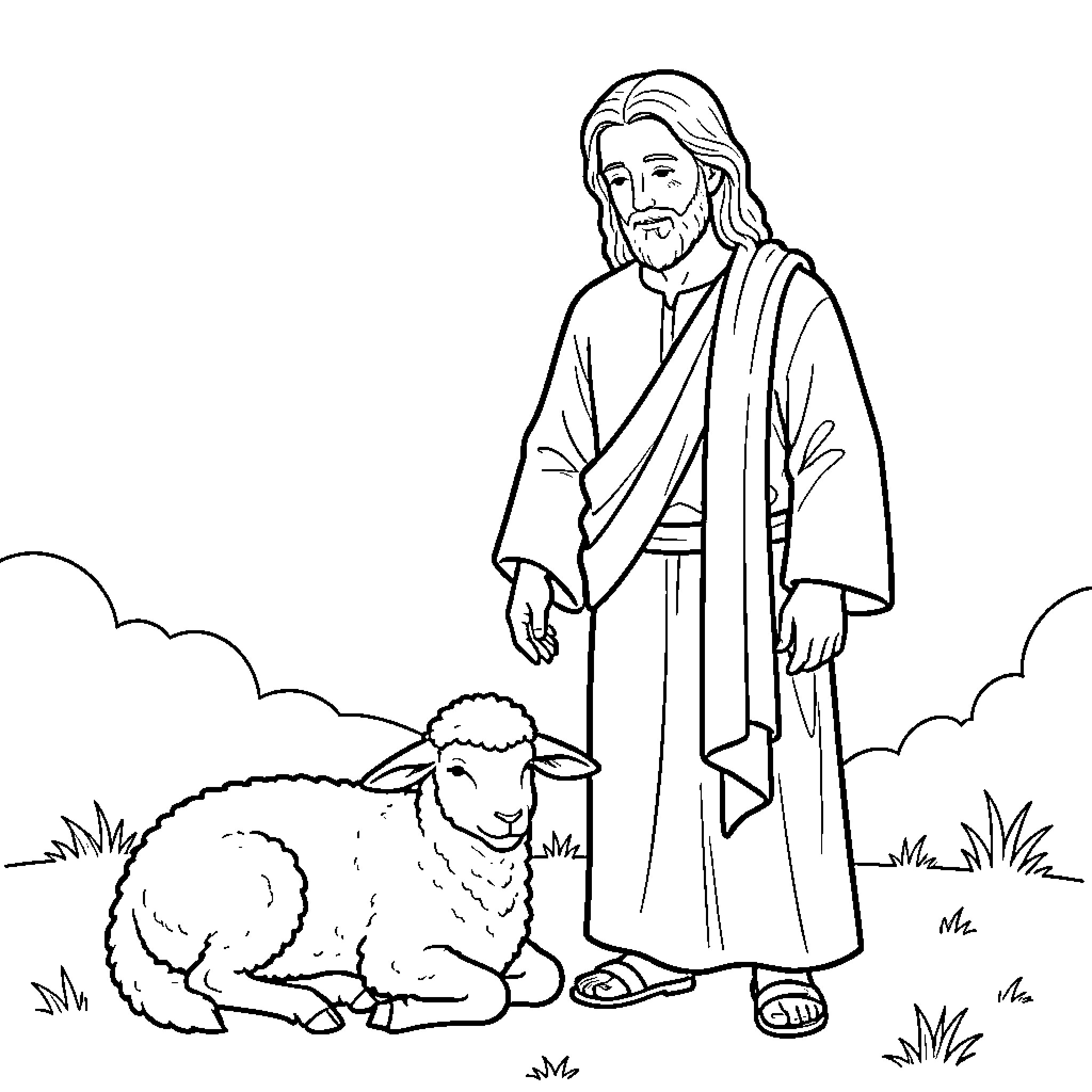 Lamb resting peacefully beside a kind man Coloring Page (free black-and-white line drawing printable PDF for all, from beginners to advanced learners, including children, teens, adults, and seniors)