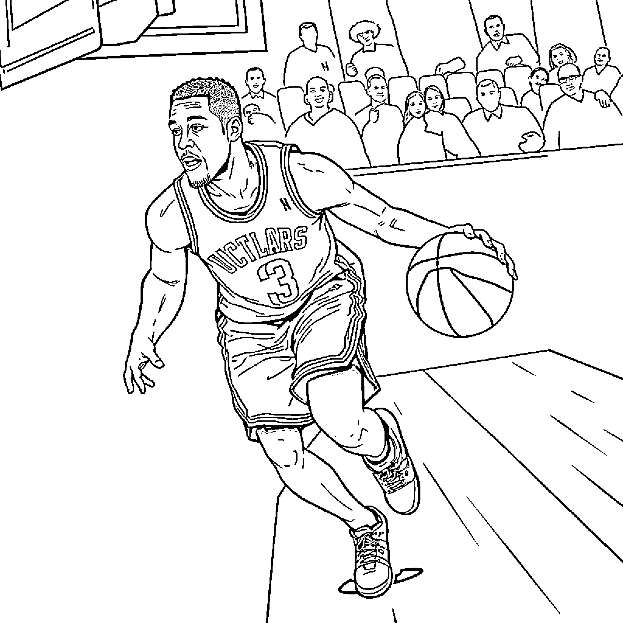 Lance Stephenson driving down the court Coloring Page (free black-and-white line drawing printable PDF for all, from beginners to advanced learners, including children, teens, adults, and seniors)