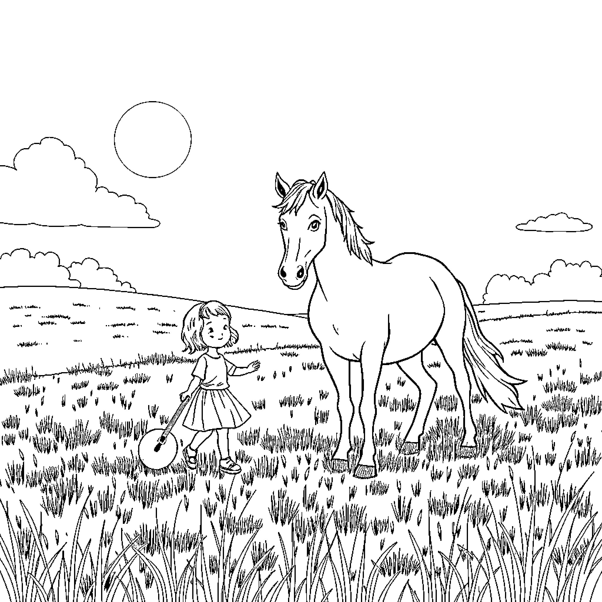 Horse and girl playing in grassy field Coloring Page (free black-and-white line drawing printable PDF for all, from beginners to advanced learners, including children, teens, adults, and seniors)
