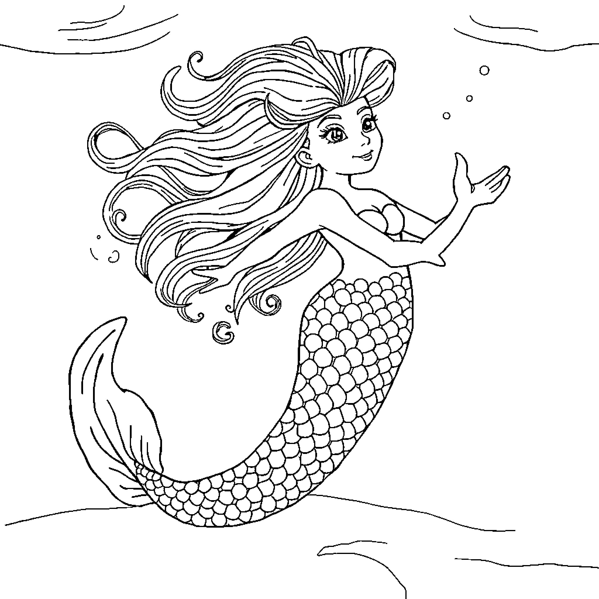 Boris the Mermaid Waving Playfully Underwater Coloring Page (free black-and-white line drawing printable PDF for all, from beginners to advanced learners, including children, teens, adults, and seniors)