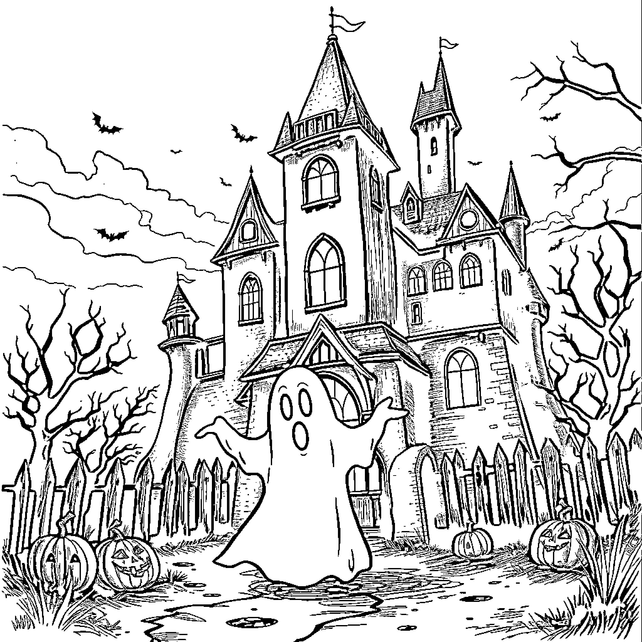 Ghost Haunting a Spooky Halloween Castle Coloring Page (free black-and-white line drawing printable PDF for all, from beginners to advanced learners, including children, teens, adults, and seniors)
