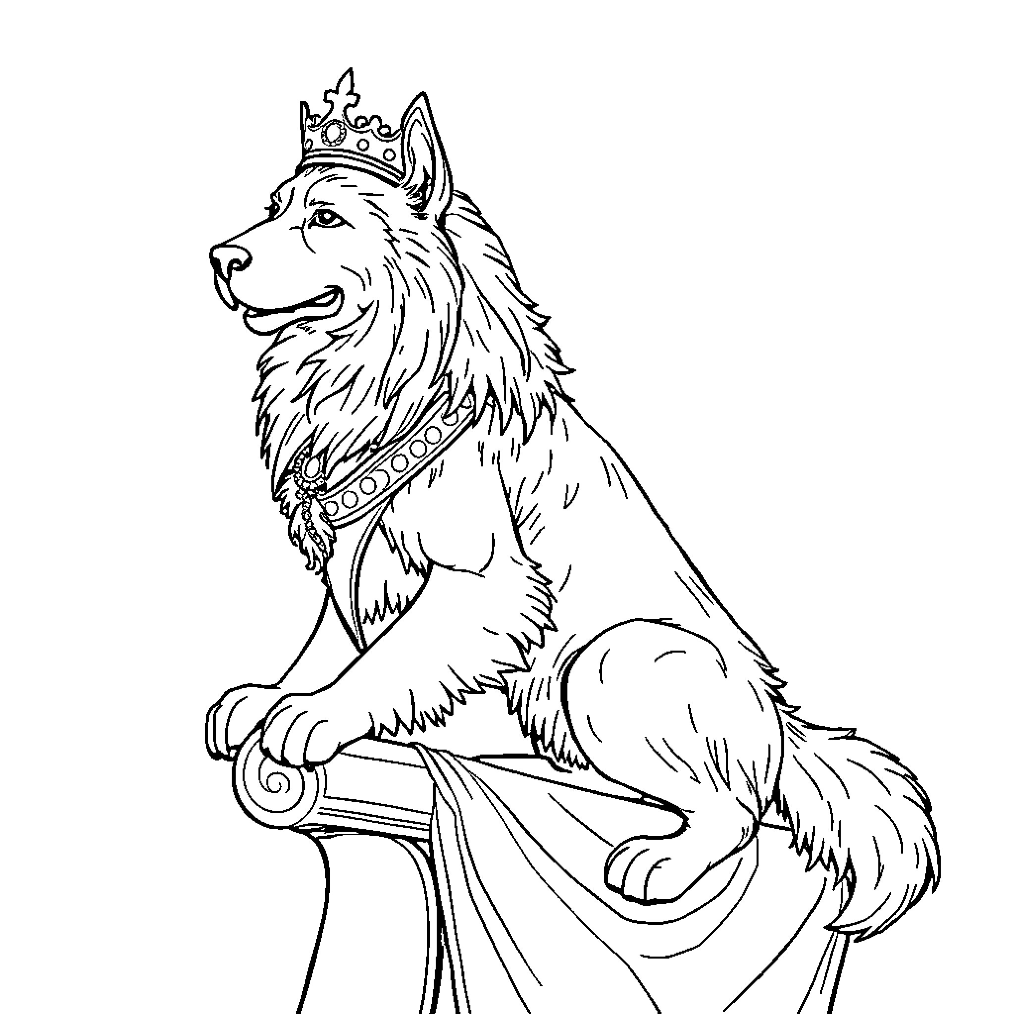 Lion with regal crown and adornments Coloring Page (free black-and-white line drawing printable PDF for all, from beginners to advanced learners, including children, teens, adults, and seniors)