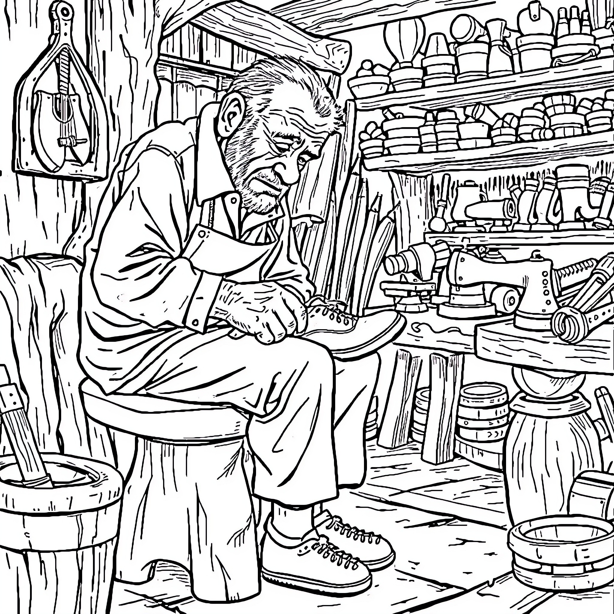 Shoemaker Working Diligently in His Workshop Coloring Page (free black-and-white line drawing printable PDF for all, from beginners to advanced learners, including children, teens, adults, and seniors)