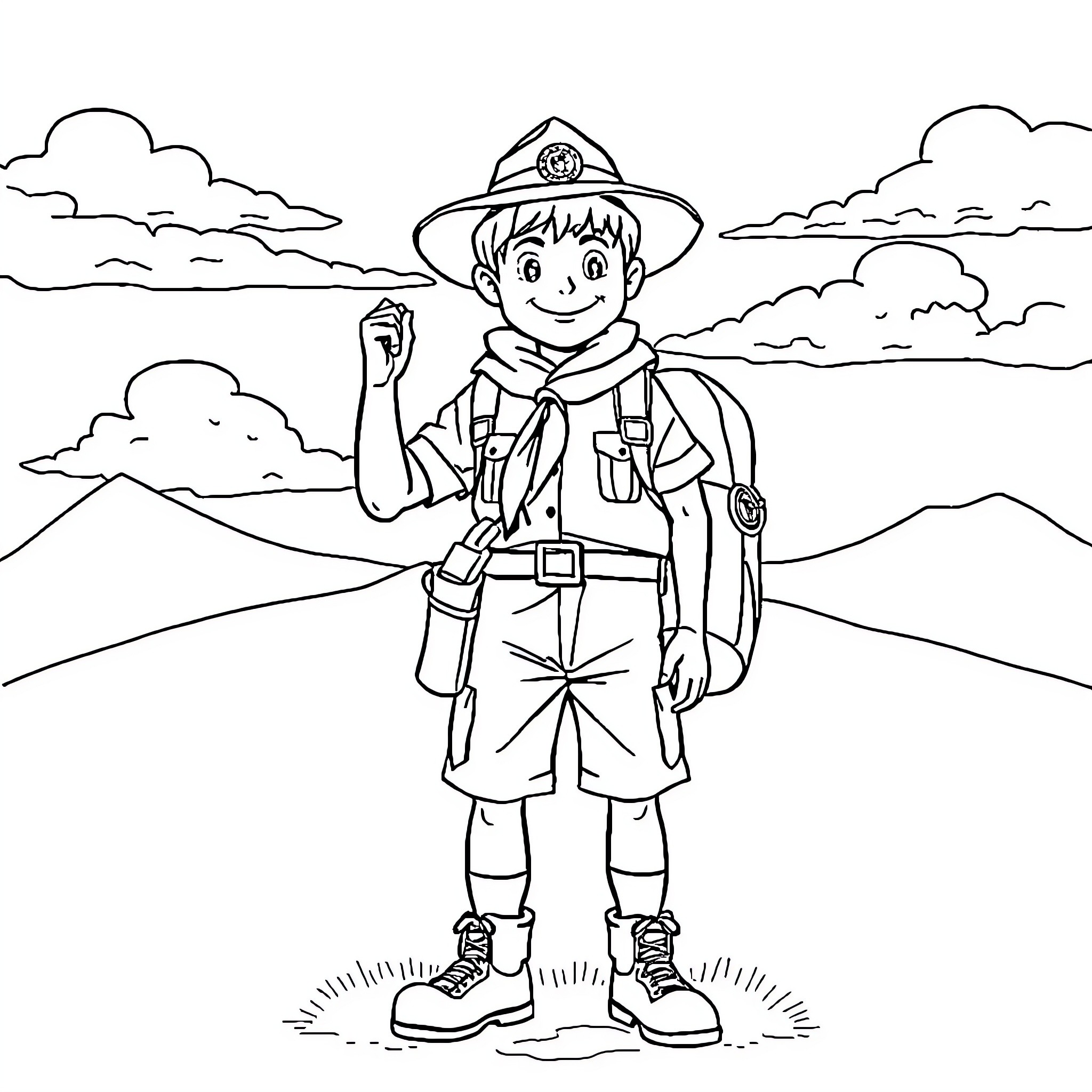 Scout exploring the great outdoors Coloring Page (free black-and-white line drawing printable PDF for all, from beginners to advanced learners, including children, teens, adults, and seniors)