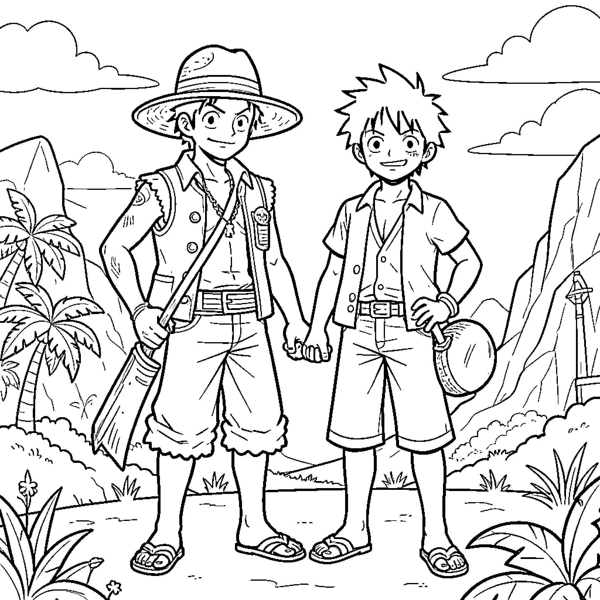 Zoro and companion holding hands in a tropical landscape Coloring Page (free black-and-white line drawing printable PDF for all, from beginners to advanced learners, including children, teens, adults, and seniors)