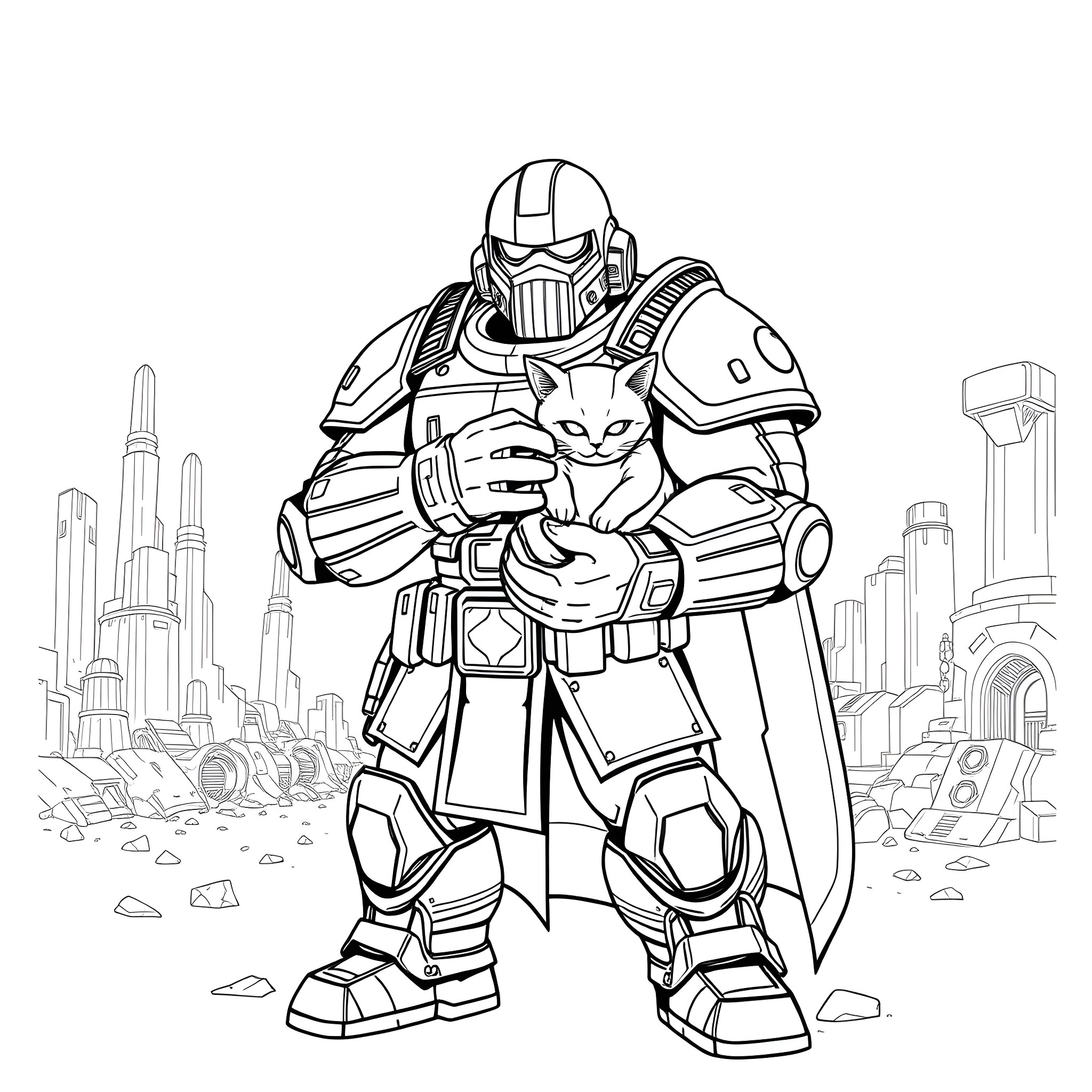 Doom Guy Protecting Feline Companion in Futuristic City Coloring Page (free black-and-white line drawing printable PDF for all, from beginners to advanced learners, including children, teens, adults, and seniors)