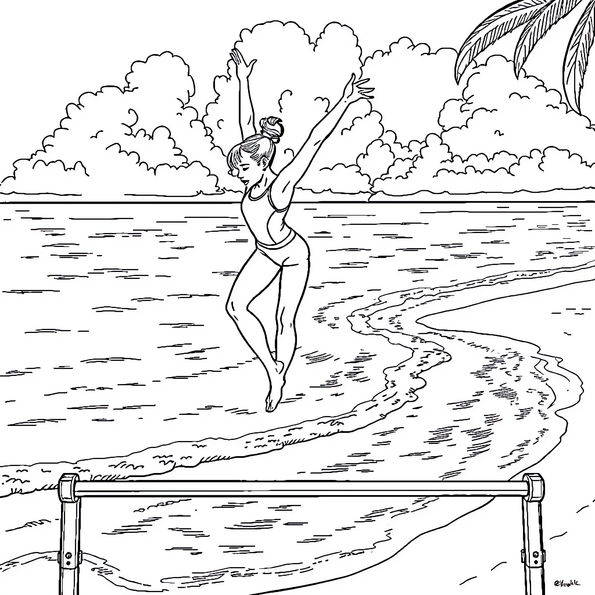 Gymnast performing on the beach Coloring Page (free black-and-white line drawing printable PDF for all, from beginners to advanced learners, including children, teens, adults, and seniors)