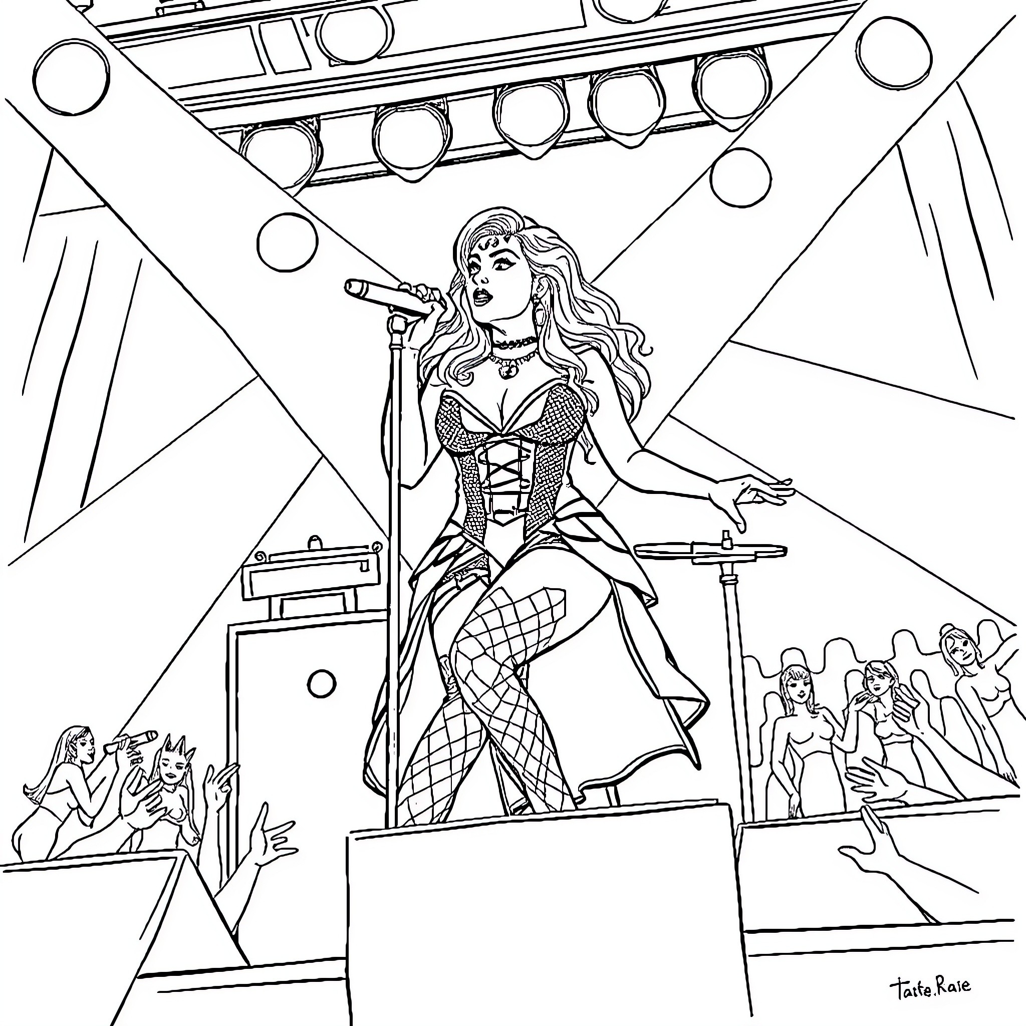 Tate McRae performing energetically on stage Coloring Page (free black-and-white line drawing printable PDF for all, from beginners to advanced learners, including children, teens, adults, and seniors)