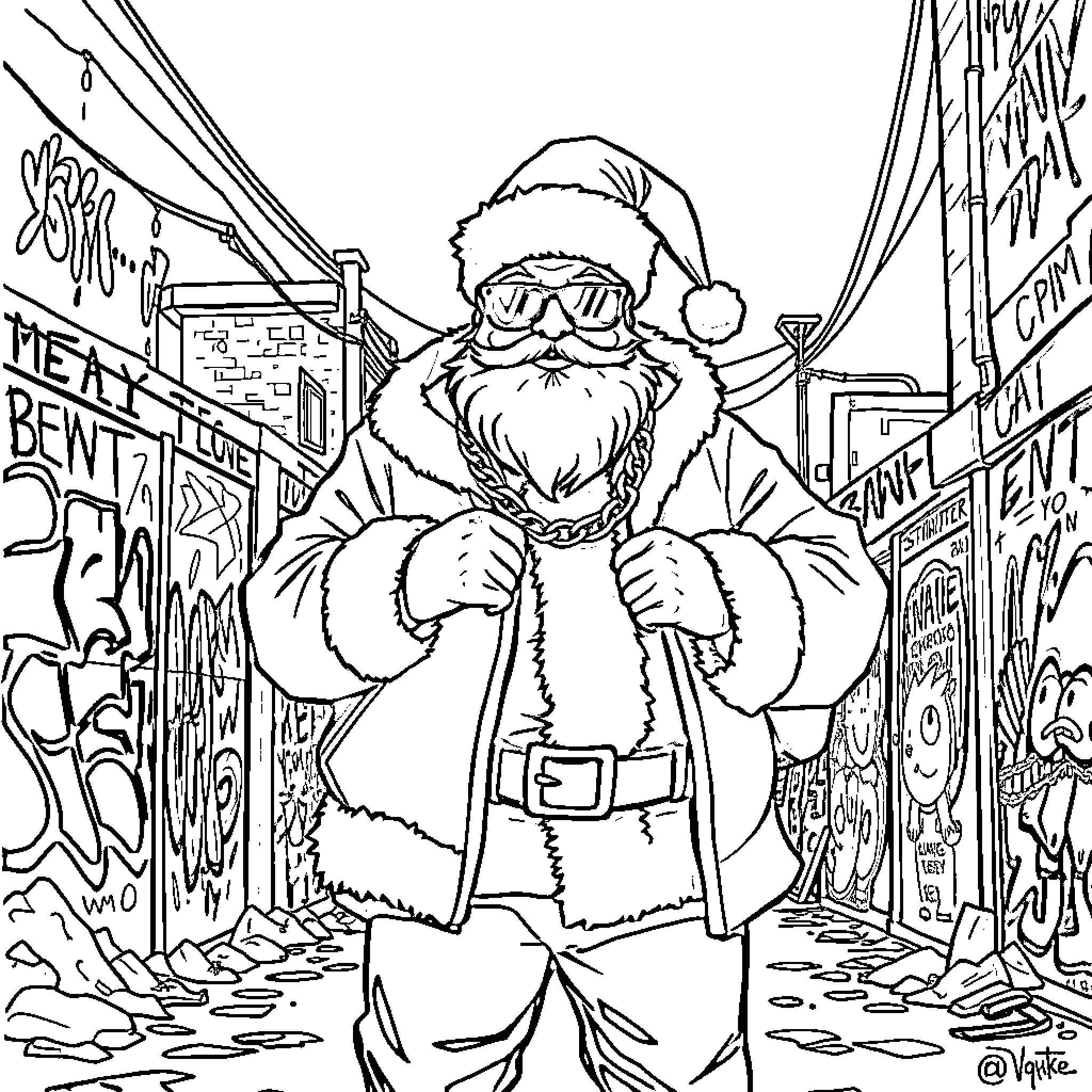 Santa exploring the lively city streets Coloring Page (free black-and-white line drawing printable PDF for all, from beginners to advanced learners, including children, teens, adults, and seniors)