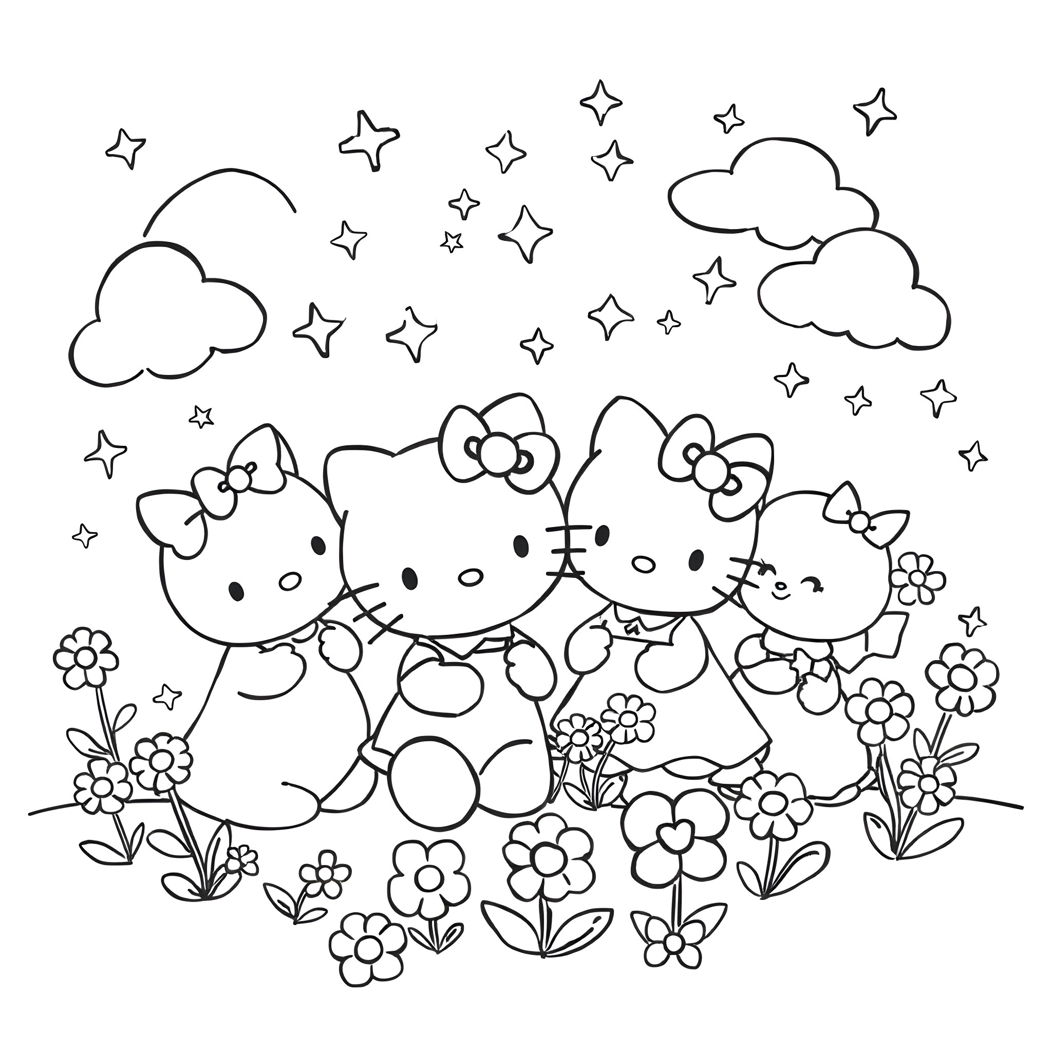 Hello Kitty and friends playing in a starry field of flowers Coloring Page (free black-and-white line drawing printable PDF for all, from beginners to advanced learners, including children, teens, adults, and seniors)