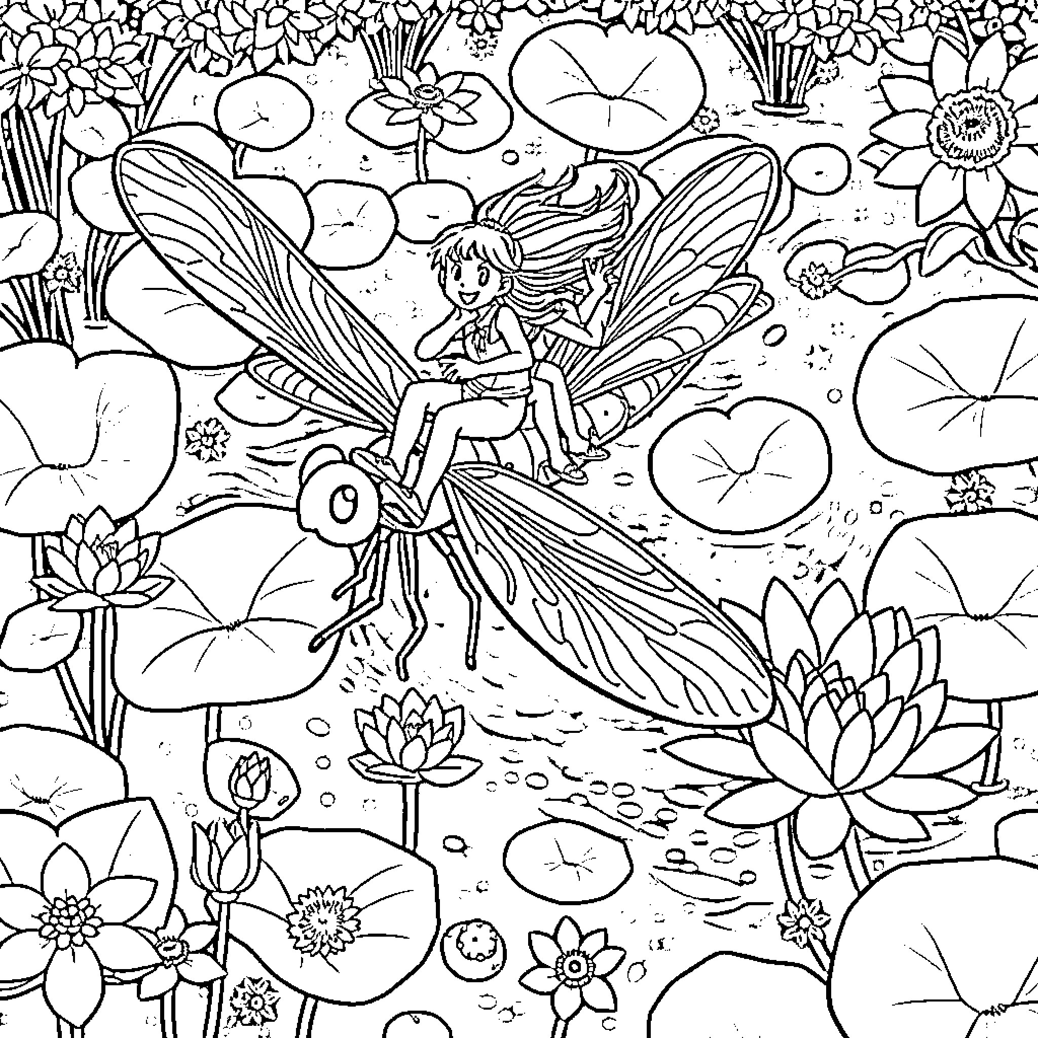 Dragonfly fairy among vibrant blooms Coloring Page (free black-and-white line drawing printable PDF for all, from beginners to advanced learners, including children, teens, adults, and seniors)